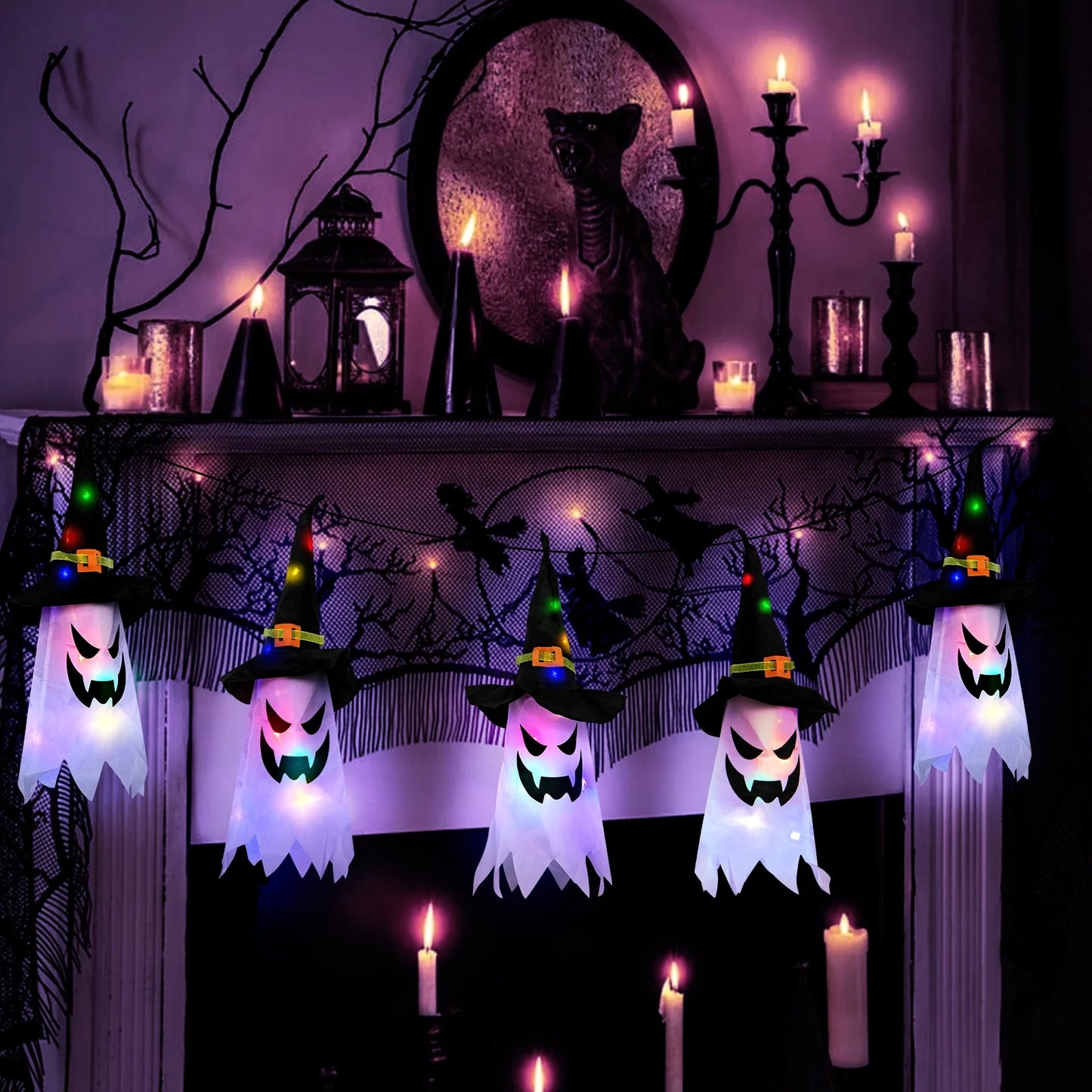 Halloween Decorations Indoor Outdoor, 5 Pcs Halloween Lights Glowing Ghost Witch Hat Ornaments Gifts for Home Garden Yard