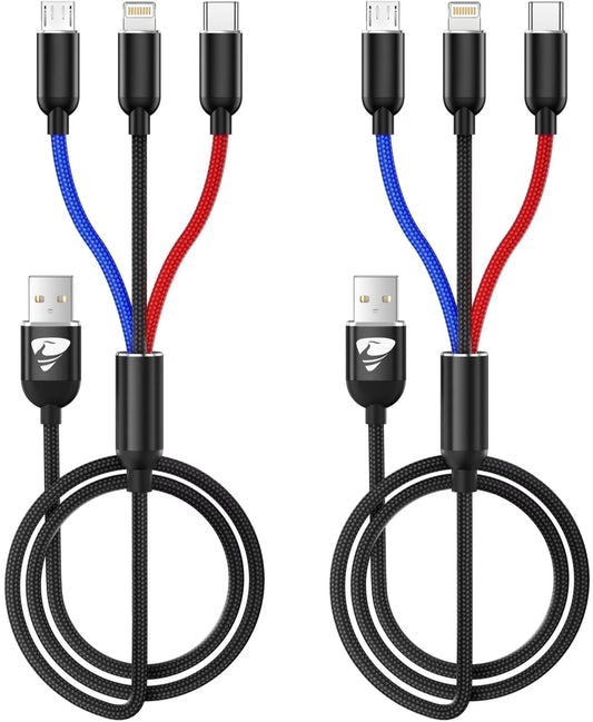 2 Pack Multi Charging Cable, 3 in 1 Multi Phone Charger Cable Fast Charging Cord with USB C, Micro USB Cable Compatible with Iphone/Ipad/Samsung/Android Phone, Black