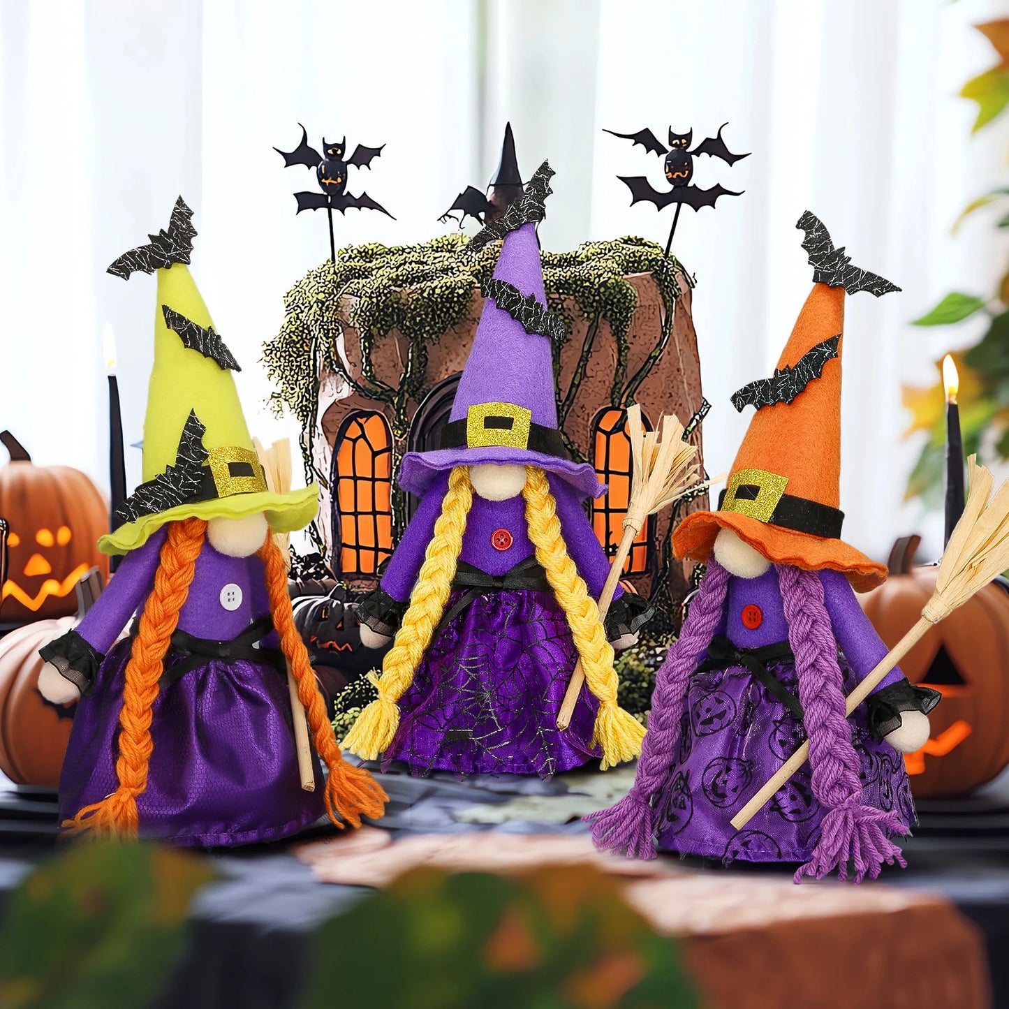 Hocus Pocus Halloween Gnomes Plush Decoration 3 Pcs Handmade Halloween Witches Swedish Scandinavian Tomte Elf Gnomes for Halloween Home Table Tiered Tray Decor