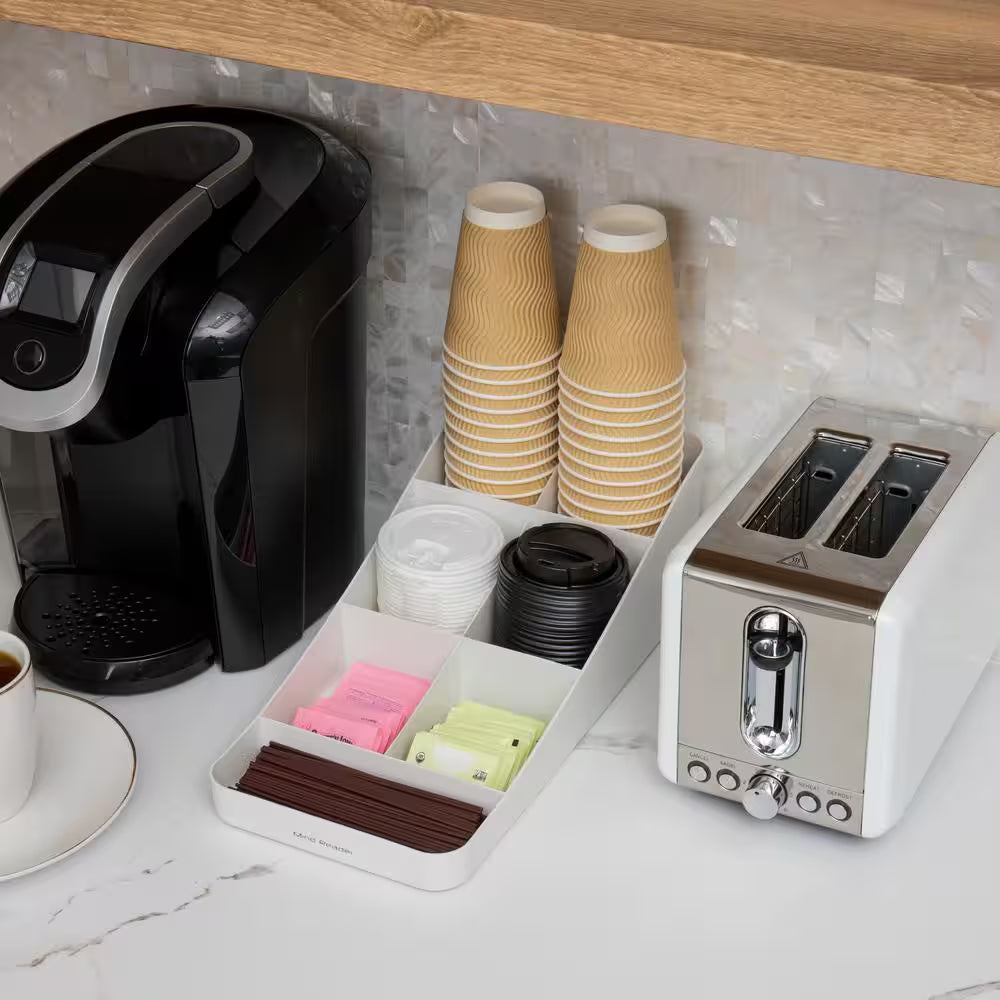 Cup and Condiment Station, Countertop Organizer, Coffee Bar, Stirrers, 7.25 In. L X 15.5 In. W X 5.25 In. H, White