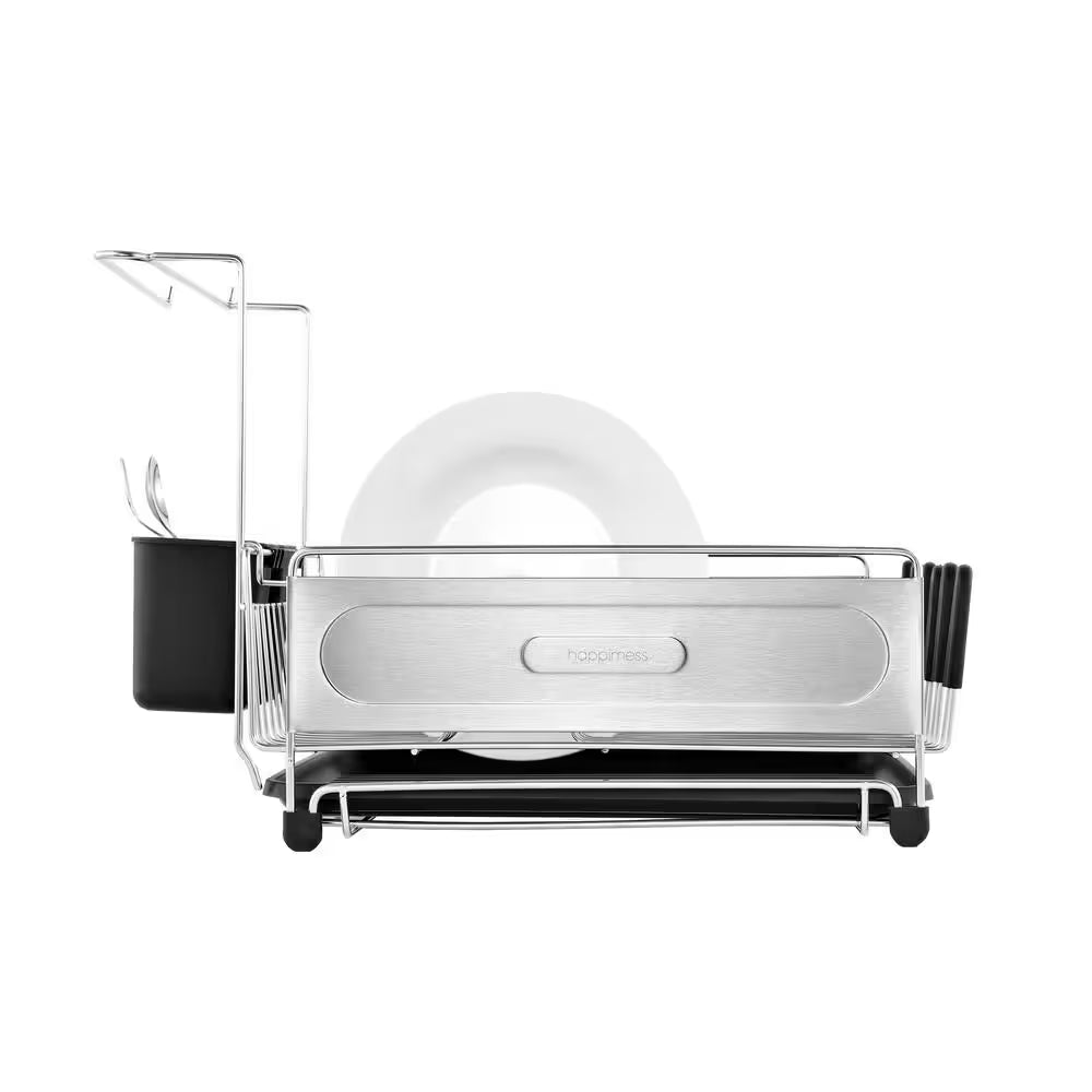 Compact 17.25 In. Stainless Steel Black Fingerprint-Proof Stainless Steel Dish Rack with Wine Glass Holder