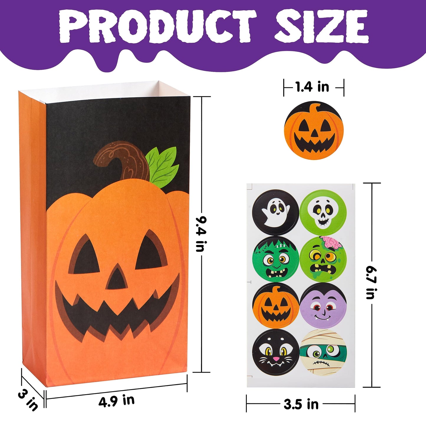72 Pcs Halloween Treat Bags with Sticker,Goodie Bags Paper Halloween Candy Bags Trick or Treat Creepy Designs Halloween Bags for Kids Trick or Treat,Classroom Goody Bags