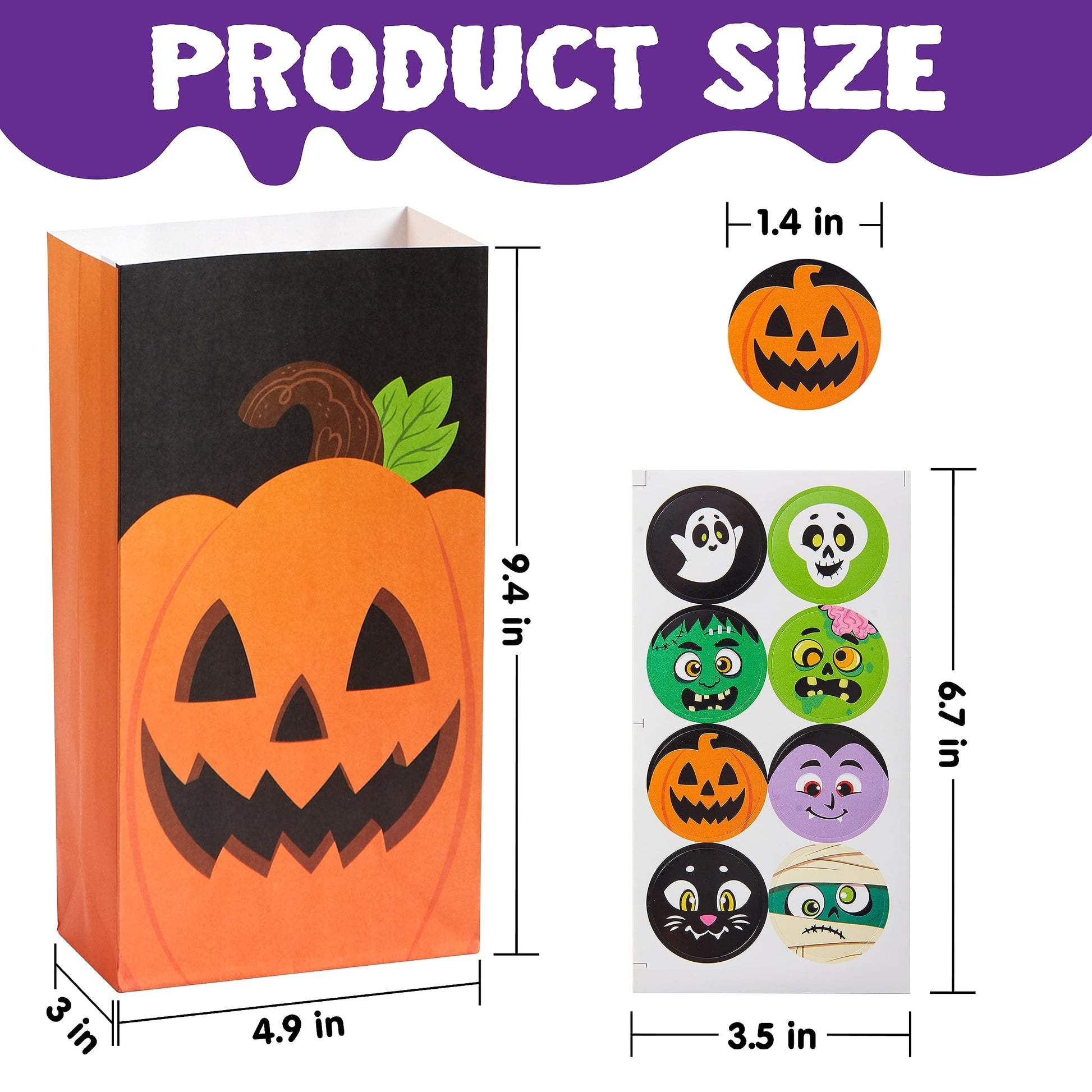 72 Pcs Halloween Treat Bags with Sticker,Goodie Bags Paper Halloween Candy Bags Trick or Treat Creepy Designs Halloween Bags for Kids Trick or Treat,Classroom Goody Bags