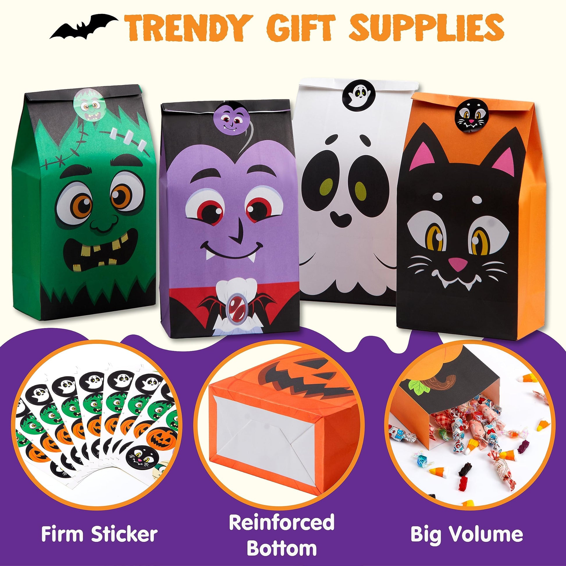 72 Pcs Halloween Treat Bags with Sticker,Goodie Bags Paper Halloween Candy Bags Trick or Treat Creepy Designs Halloween Bags for Kids Trick or Treat,Classroom Goody Bags