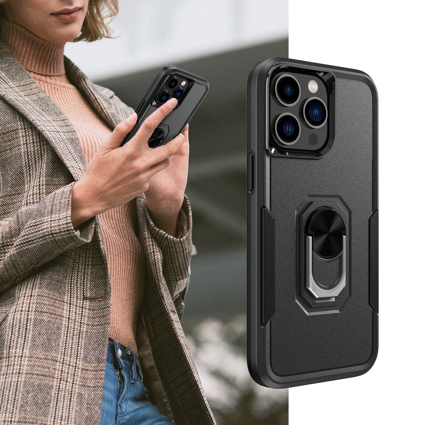 Phone Case with Ring Stand for Iphone 14 Pro Max/14 Pro/14 Plus/14 Shockproof Armor Cover, Black