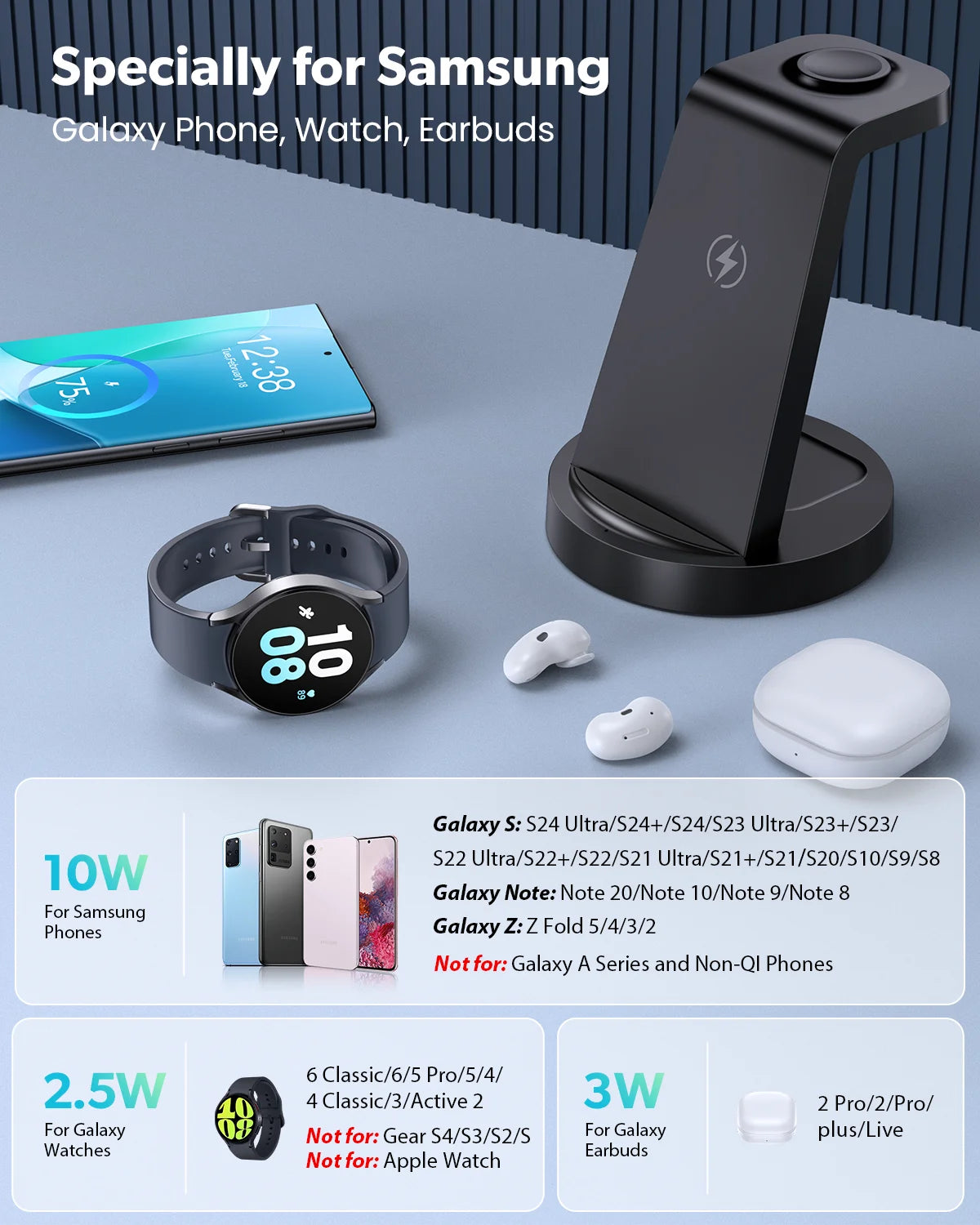 Wireless Charger Compatible with Samsung:  3 in 1 Fast Charging Station for Galaxy, Iwatch Charger for Galaxy Watch 6/5/4, Galaxy Buds 2/Pro/+