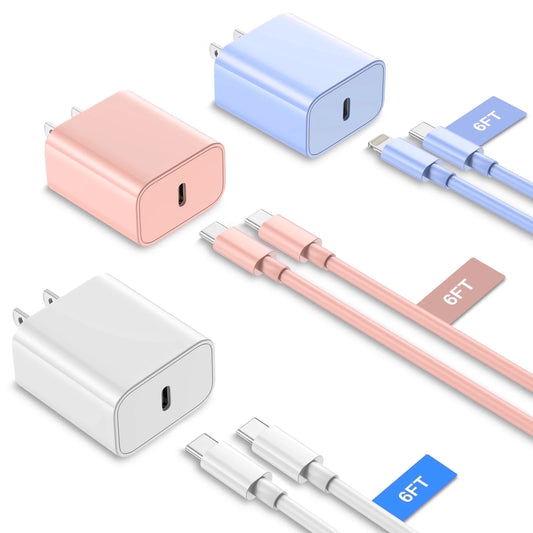 Iphone Charger USB C Fast Charger, 3 Pack 20W Type C Wall Charger Block with 6FT USB C & L Cable, Compatible with Iphone 16/15 Pro Max/14/13/12/11, Samsung Galaxy, Ipad, Airpods, Pixel