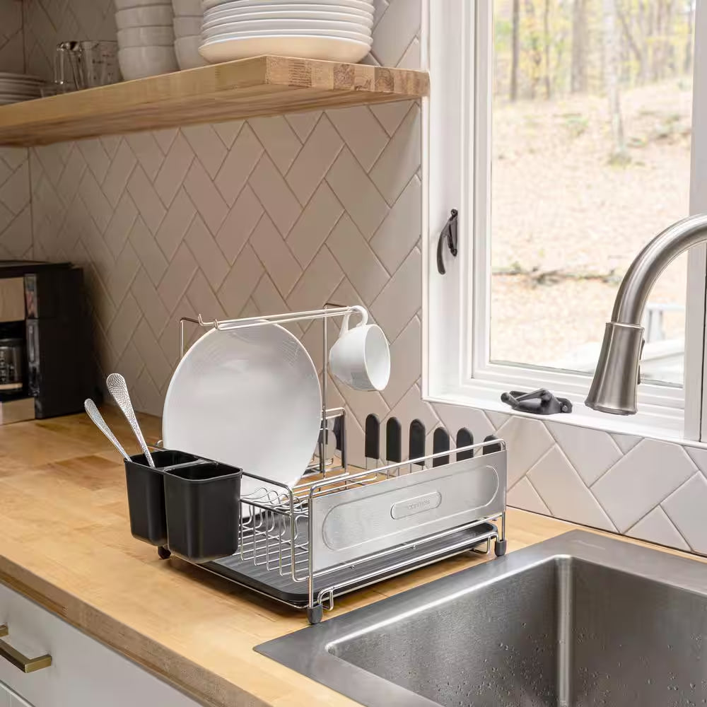 Compact 17.25 In. Stainless Steel Black Fingerprint-Proof Stainless Steel Dish Rack with Wine Glass Holder