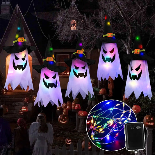 Halloween Decorations Indoor Outdoor, 5 Pcs Halloween Lights Glowing Ghost Witch Hat Ornaments Gifts for Home Garden Yard