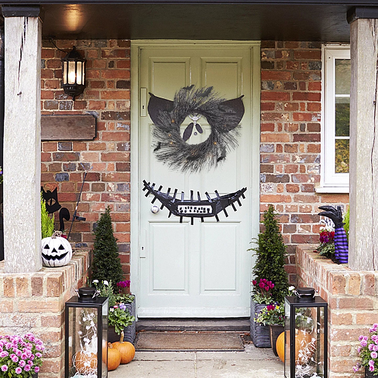 Black Halloween Wreath Bat Wreath Door Wreath with Glitter Bats Halloween Party Decorations