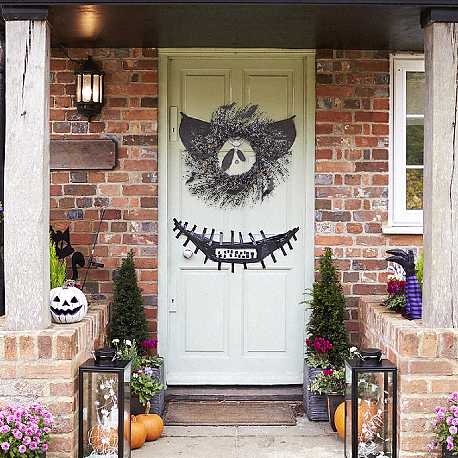 Black Halloween Wreath Bat Wreath Door Wreath with Glitter Bats Halloween Party Decorations