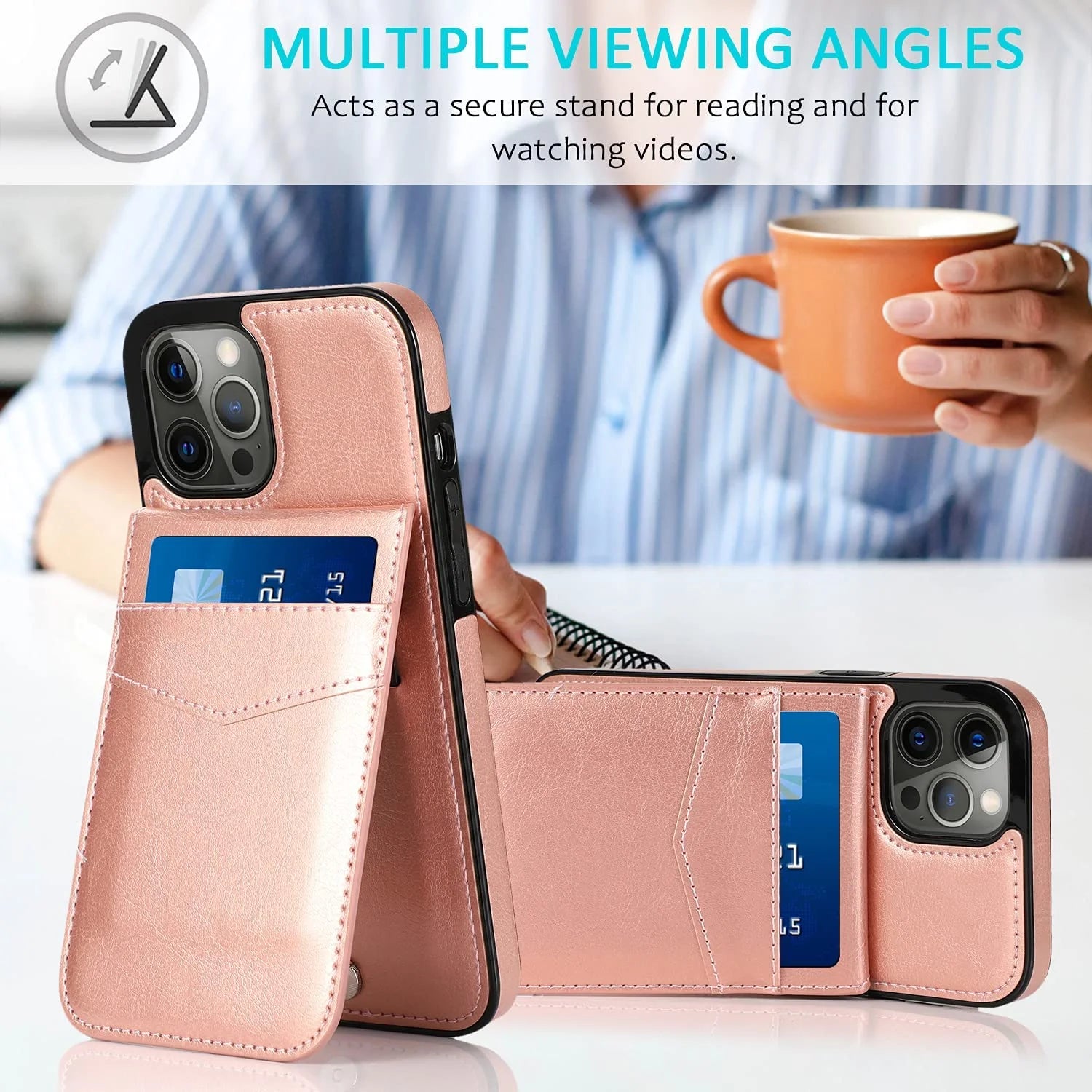 Wallet Case for Apple Iphone 14 Pro Leather Wallet Card Holder Case, Built in Kickstand with 6 Card Slots Holder for Apple Iphone 14 Pro, Pink