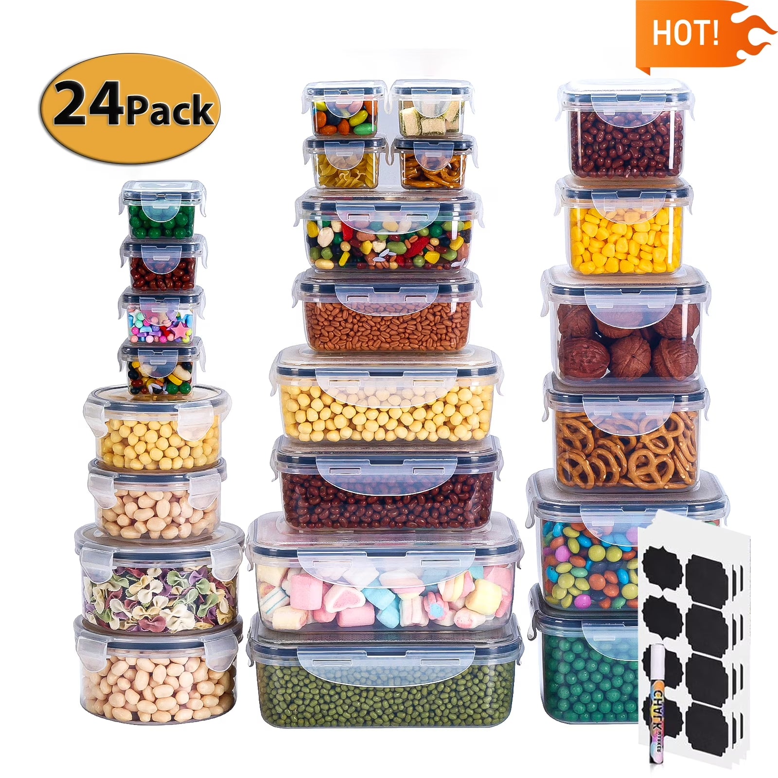 50 Pcs Airtight Food Storage Containers Set, Plastic Leak-Proof Canisters for Cereal Flour Sugar, BPA Free Stackable Lunch Boxes, Includes 24 Containers, 24 Lids(Labels & Marker)