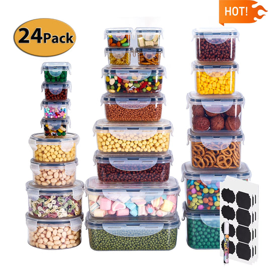 50 Pcs Airtight Food Storage Containers Set, Plastic Leak-Proof Canisters for Cereal Flour Sugar, BPA Free Stackable Lunch Boxes, Includes 24 Containers, 24 Lids(Labels & Marker)