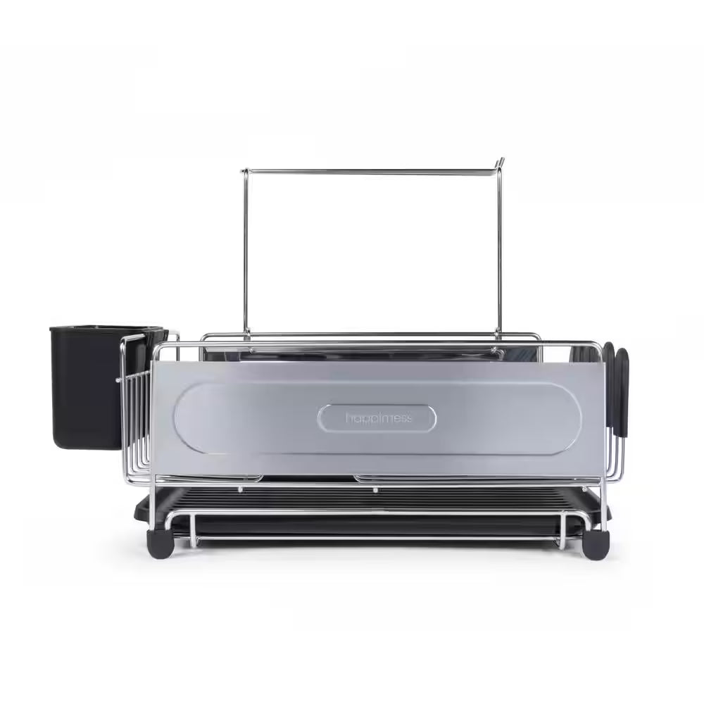 Compact 17.25 In. Stainless Steel Black Fingerprint-Proof Stainless Steel Dish Rack with Wine Glass Holder