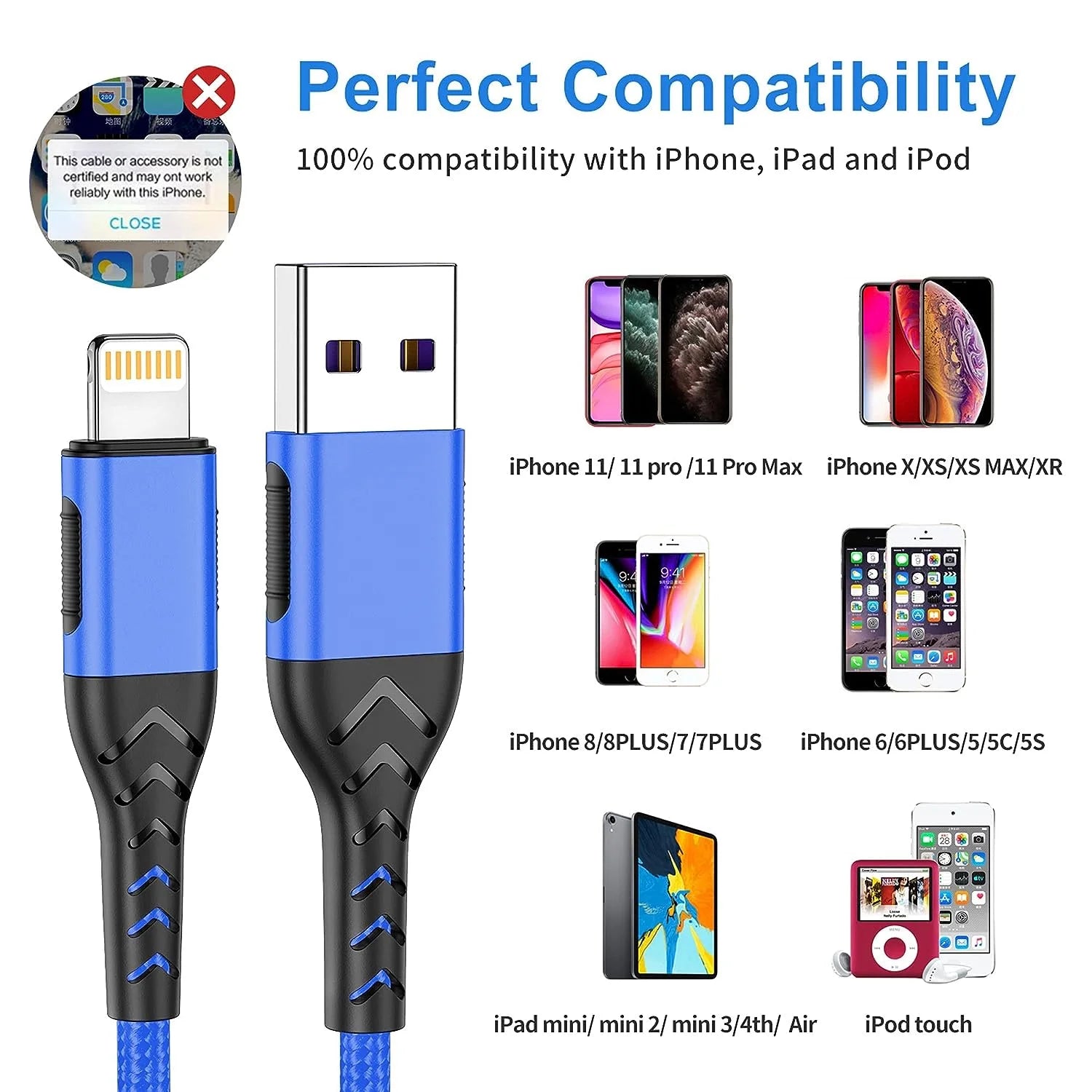 3Pack I-Phone Charger 10Ft Cord Lightnin Fast Charging Cable for I-Phone , I.Pad - Blue