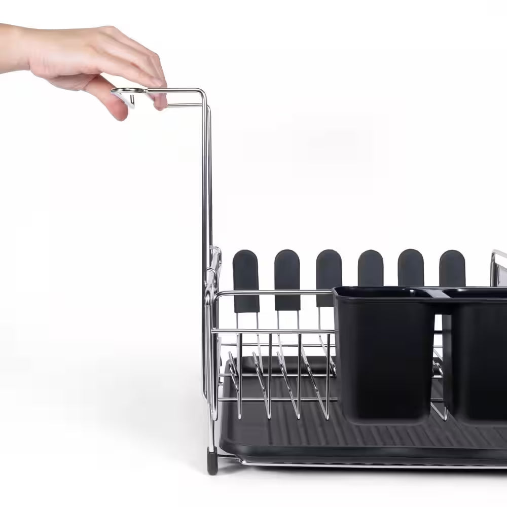 Compact 17.25 In. Stainless Steel Black Fingerprint-Proof Stainless Steel Dish Rack with Wine Glass Holder
