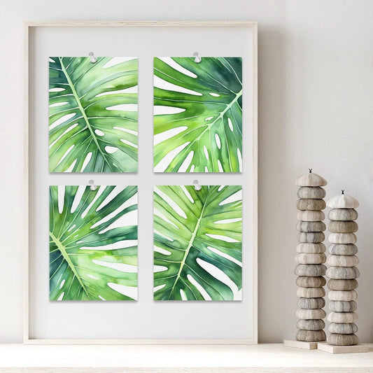 4 PCS Adhesive Canvas Posters Tropical Jungle Island Palm Leaf Collage Wall Prints Nature Wilderness Digital Modern Art Home Decorative Floral Zen Botanical Artwork - 12"X16"