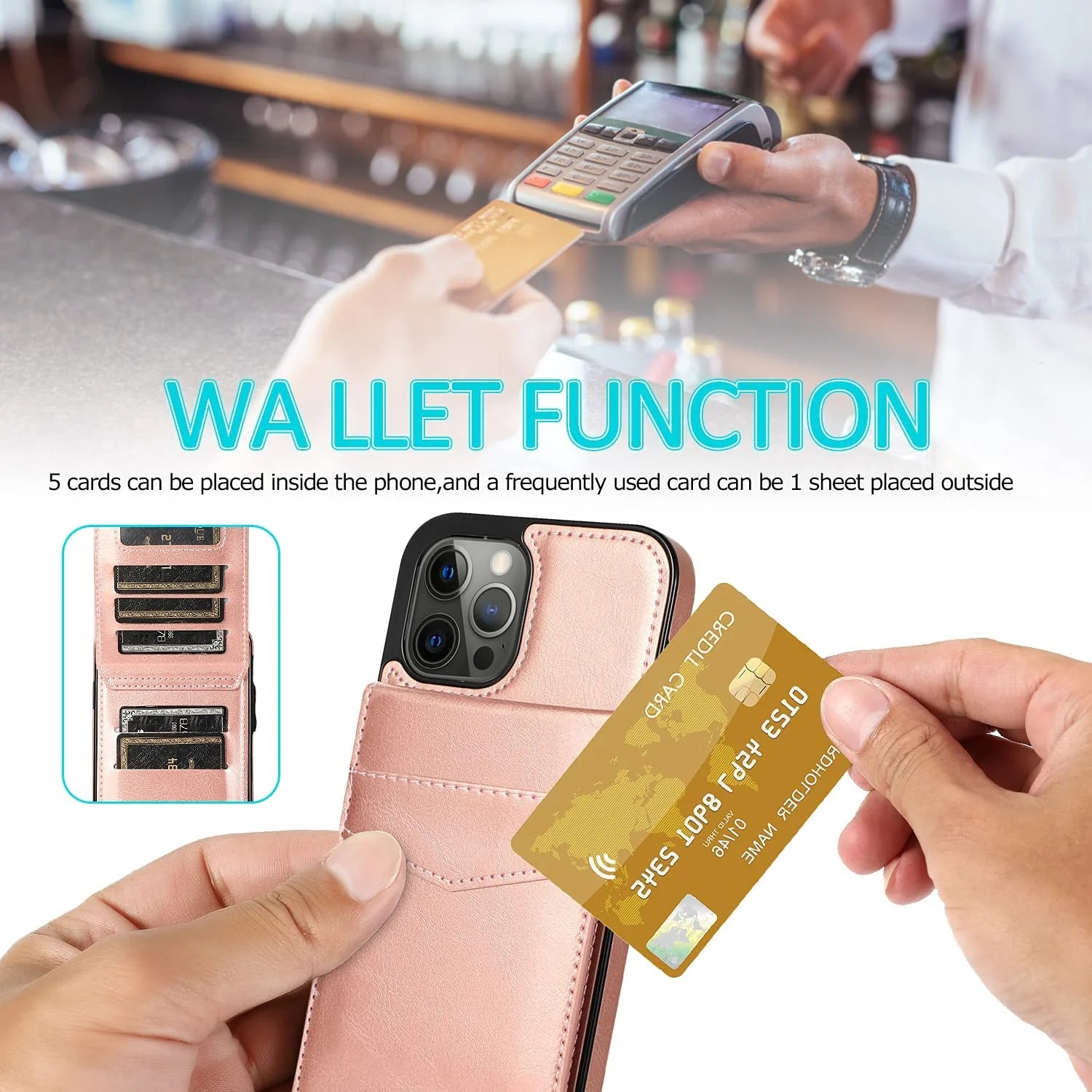 Wallet Case for Apple Iphone 14 Pro Leather Wallet Card Holder Case, Built in Kickstand with 6 Card Slots Holder for Apple Iphone 14 Pro, Pink