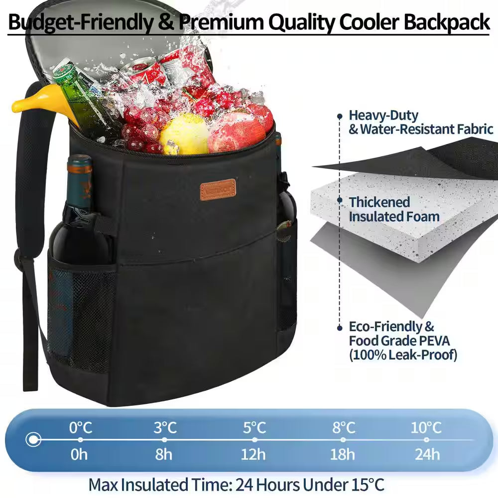 18 Qt. Waterproof Camping Cooler Backpack Insulated Leak Proof Lunch Cooler Bag for Work, Beach and Picnic, Black