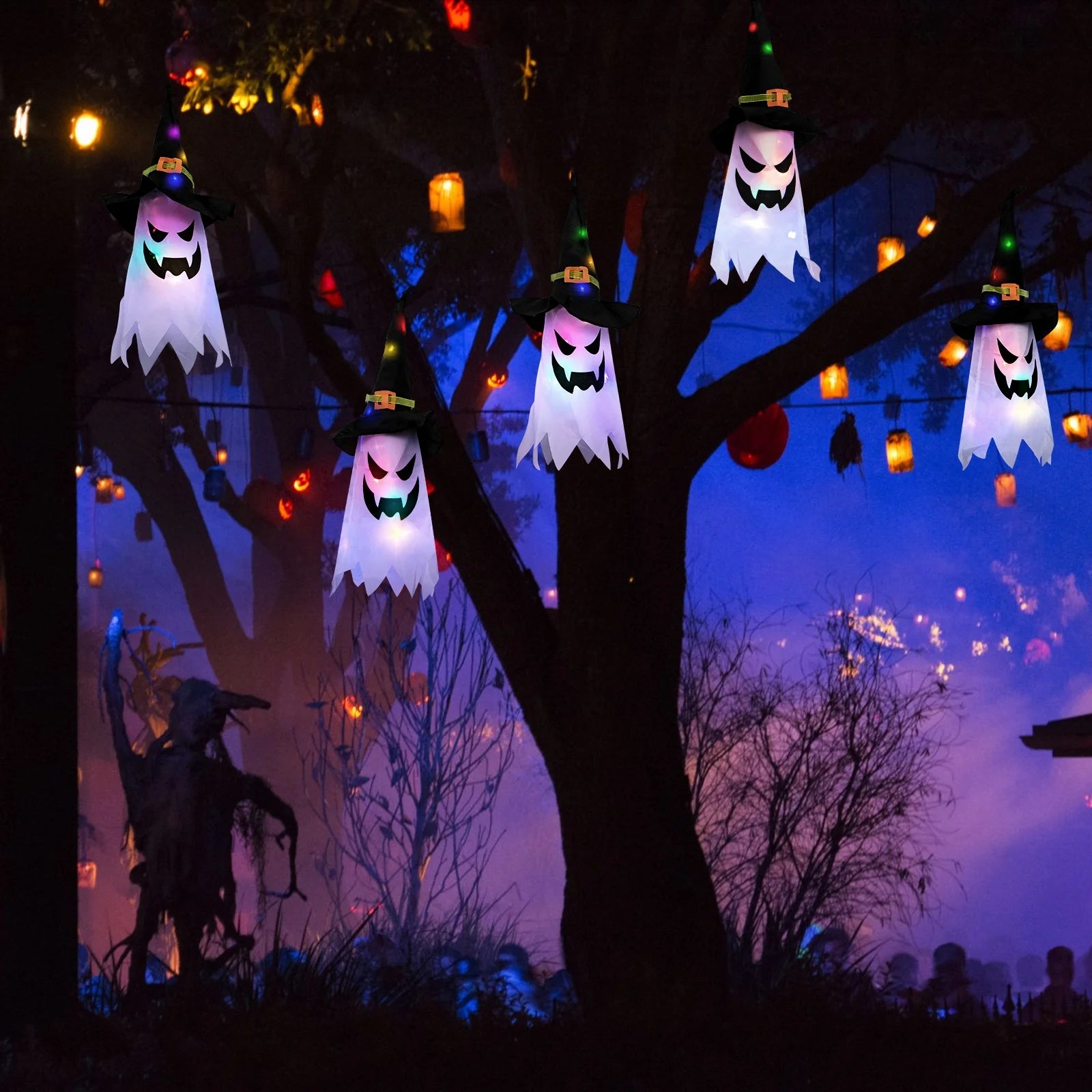 Halloween Decorations Indoor Outdoor, 5 Pcs Halloween Lights Glowing Ghost Witch Hat Ornaments Gifts for Home Garden Yard