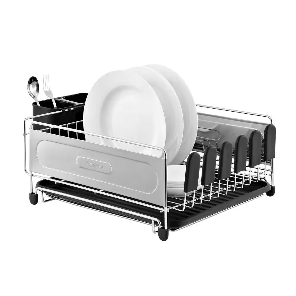 Compact 17.25 In. Stainless Steel Black Fingerprint-Proof Stainless Steel Dish Rack with Wine Glass Holder