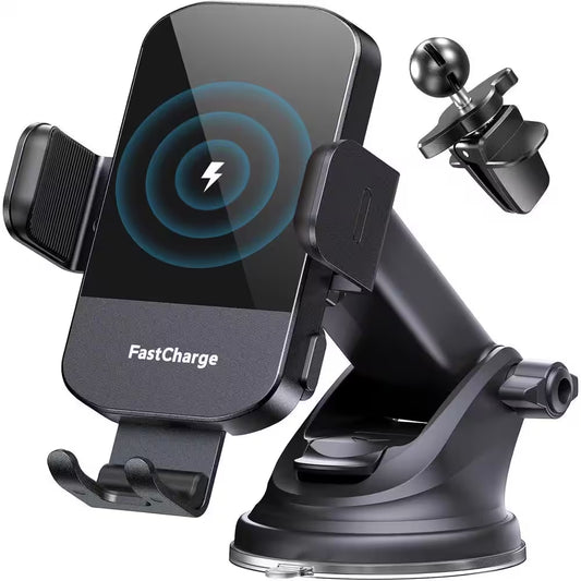 Wireless Car Charger with Auto Clamping Car Charger in Black