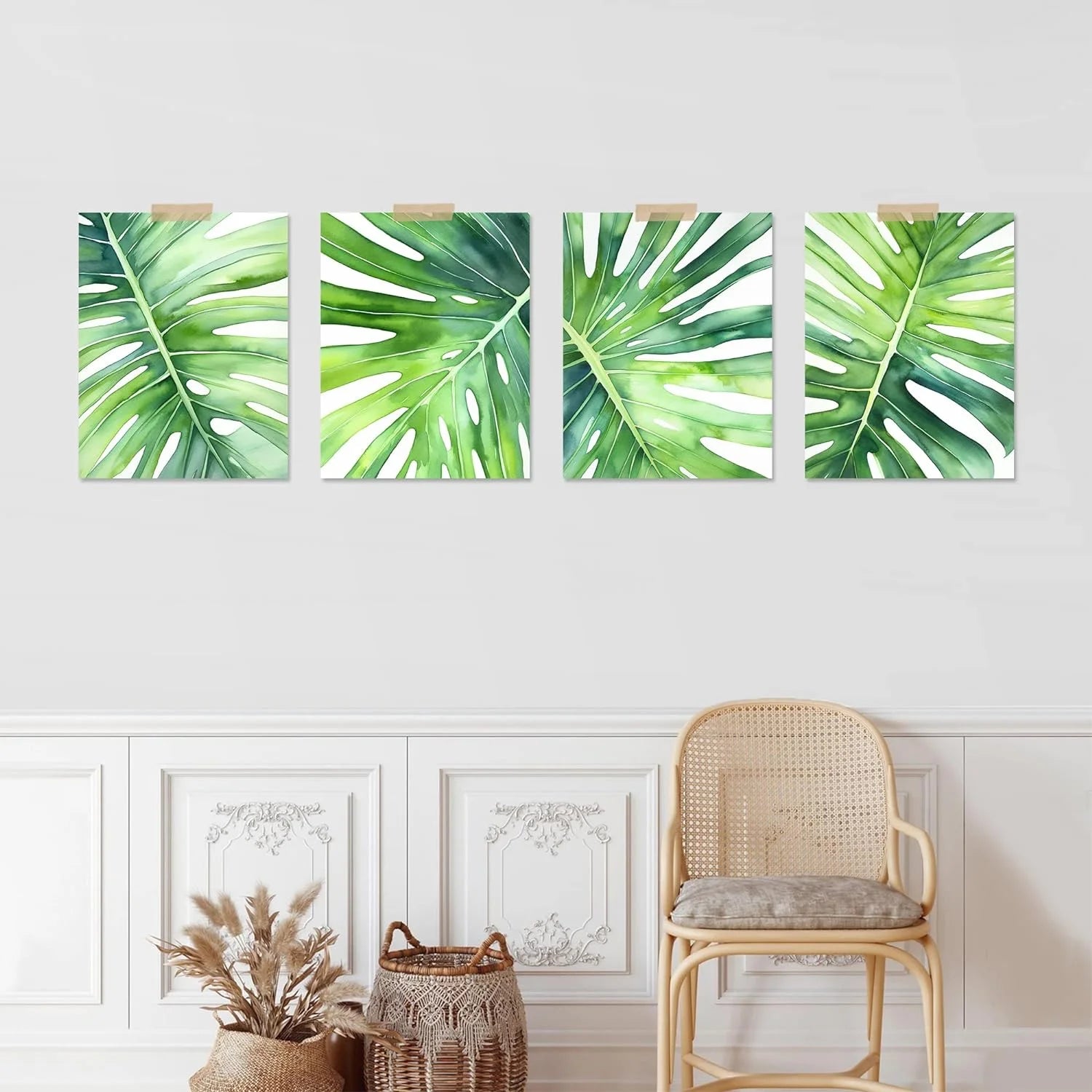 4 PCS Adhesive Canvas Posters Tropical Jungle Island Palm Leaf Collage Wall Prints Nature Wilderness Digital Modern Art Home Decorative Floral Zen Botanical Artwork - 12"X16"