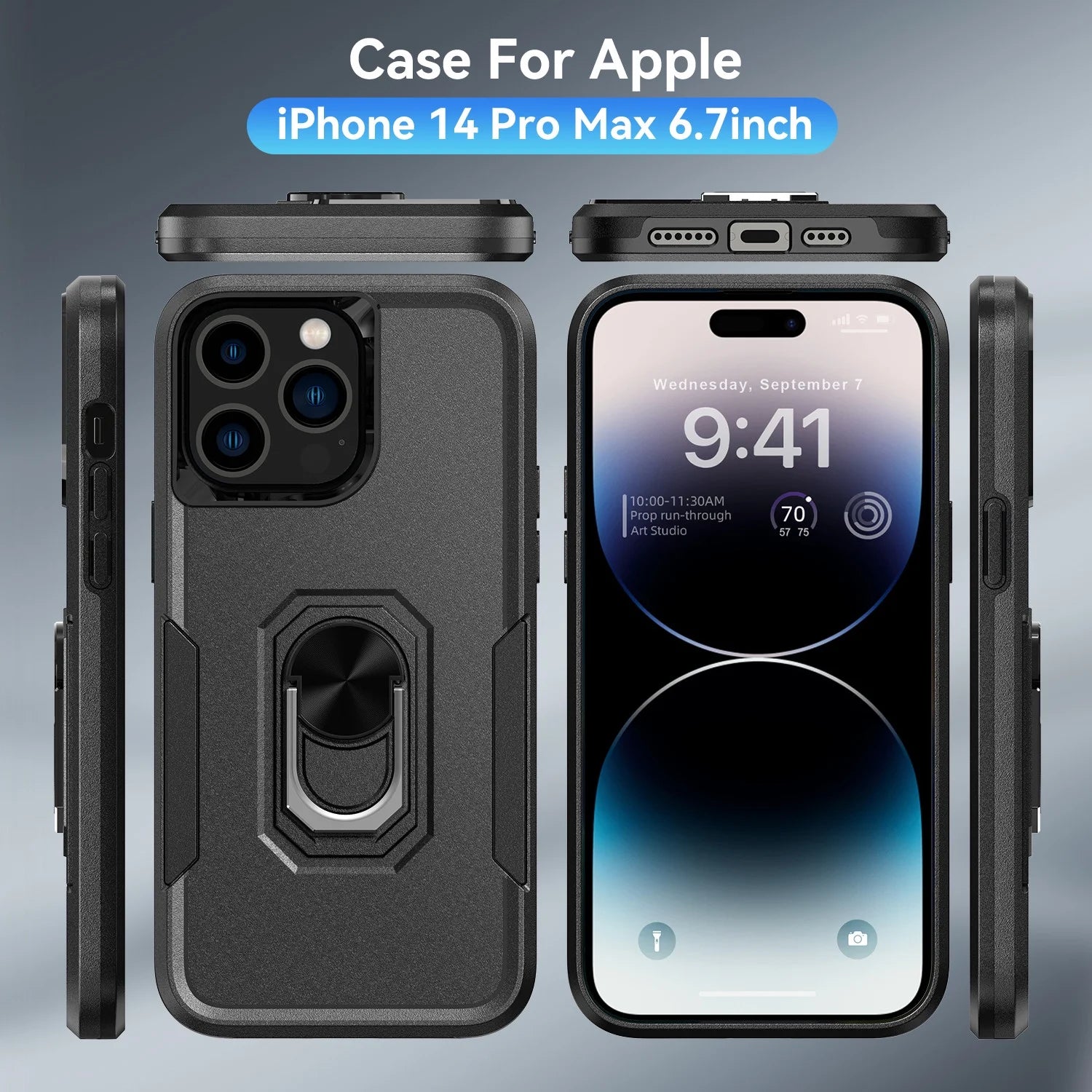 Phone Case with Ring Stand for Iphone 14 Pro Max/14 Pro/14 Plus/14 Shockproof Armor Cover, Black