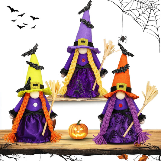 Hocus Pocus Halloween Gnomes Plush Decoration 3 Pcs Handmade Halloween Witches Swedish Scandinavian Tomte Elf Gnomes for Halloween Home Table Tiered Tray Decor