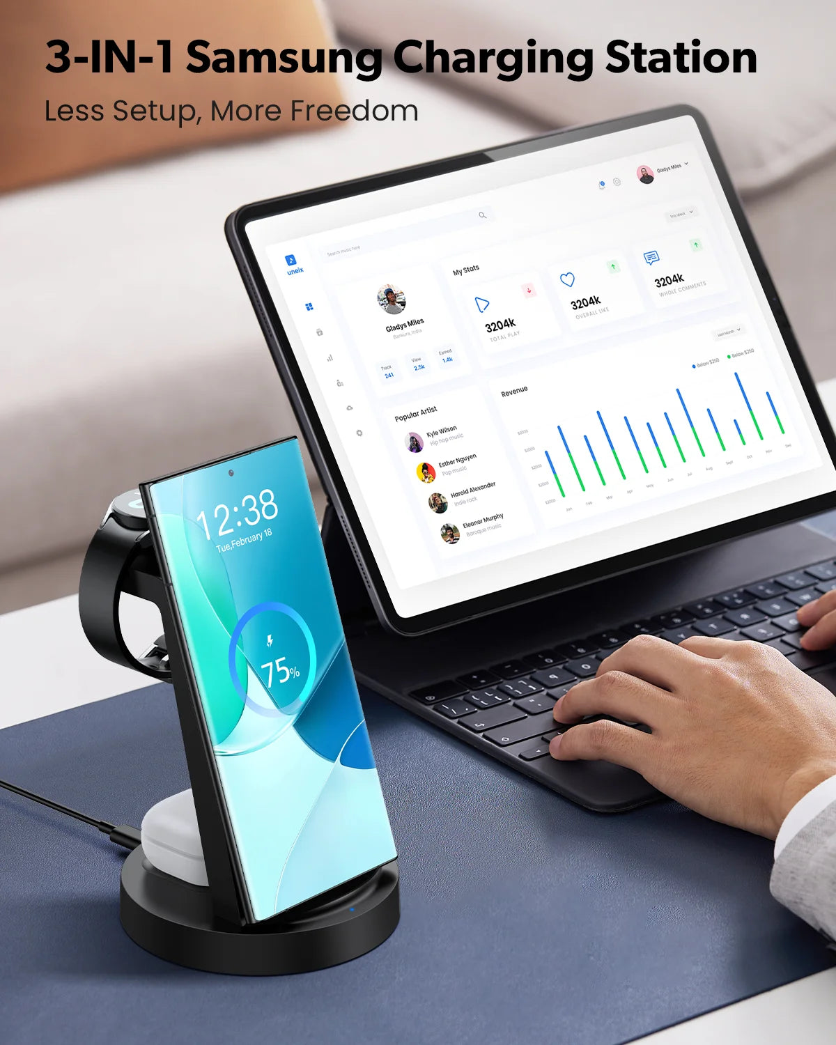 Wireless Charger Compatible with Samsung:  3 in 1 Fast Charging Station for Galaxy, Iwatch Charger for Galaxy Watch 6/5/4, Galaxy Buds 2/Pro/+