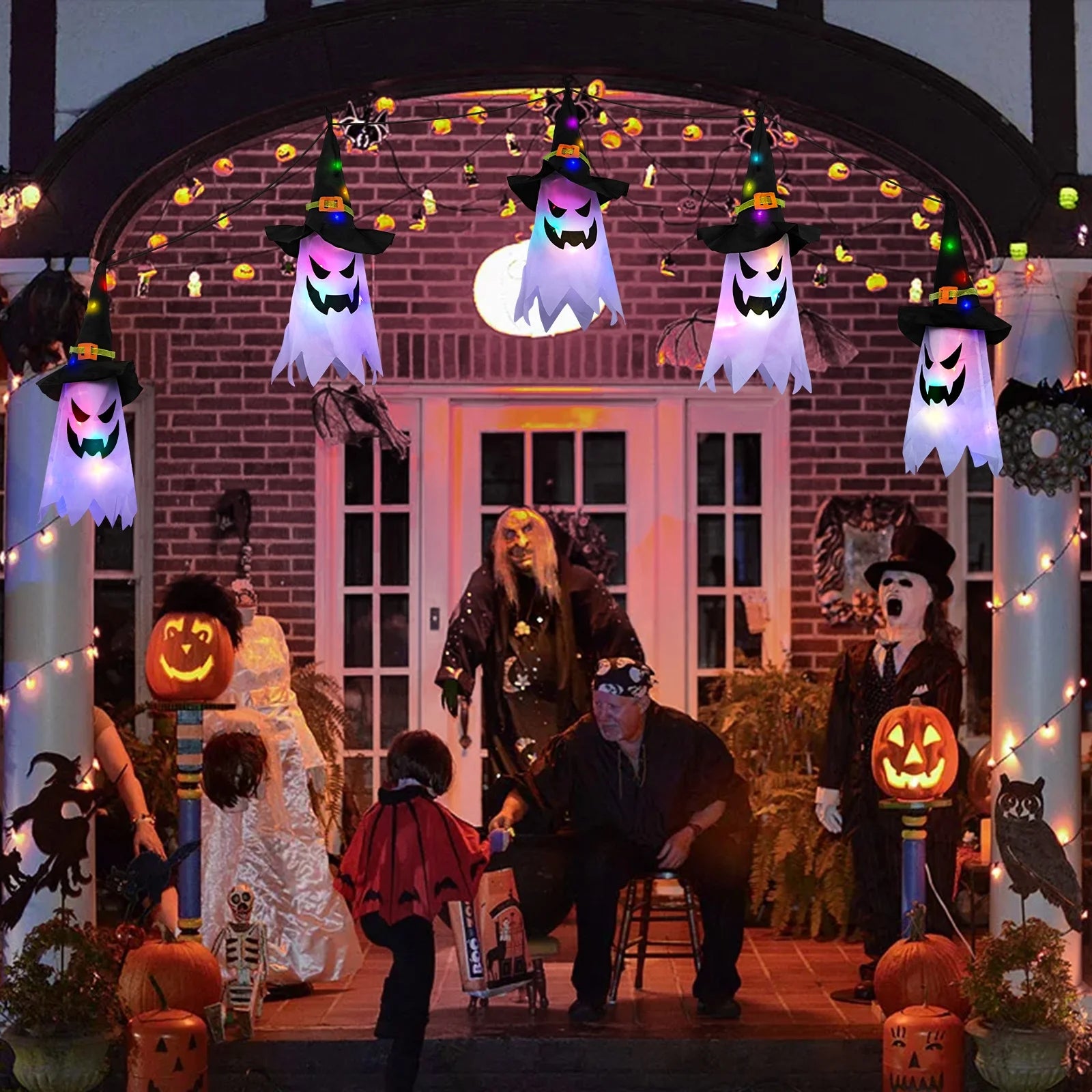 Halloween Decorations Indoor Outdoor, 5 Pcs Halloween Lights Glowing Ghost Witch Hat Ornaments Gifts for Home Garden Yard