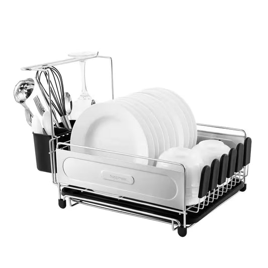 Compact 17.25 In. Stainless Steel Black Fingerprint-Proof Stainless Steel Dish Rack with Wine Glass Holder