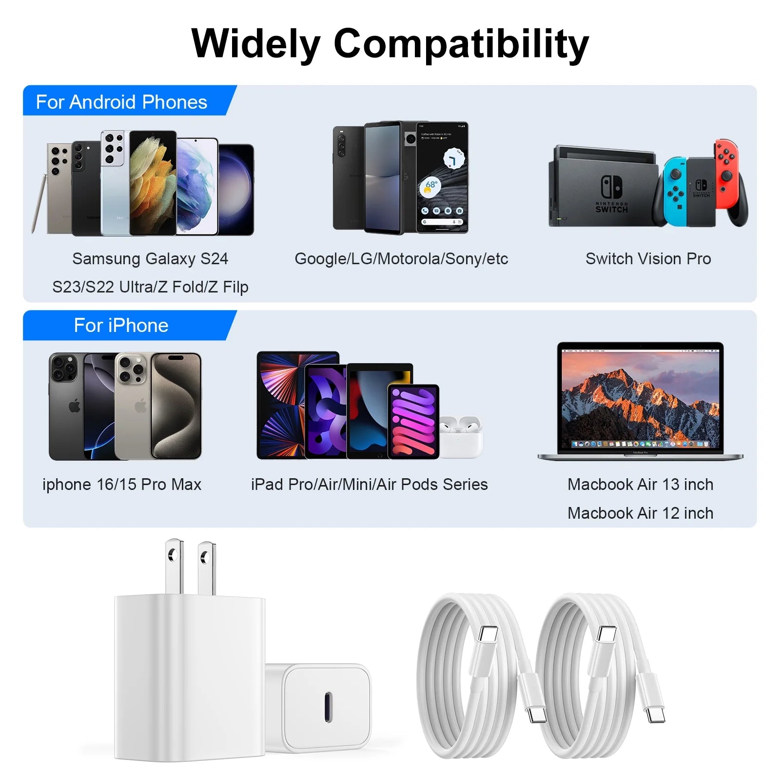 Iphone Charger USB C Fast Charger, 3 Pack 20W Type C Wall Charger Block with 6FT USB C & L Cable, Compatible with Iphone 16/15 Pro Max/14/13/12/11, Samsung Galaxy, Ipad, Airpods, Pixel