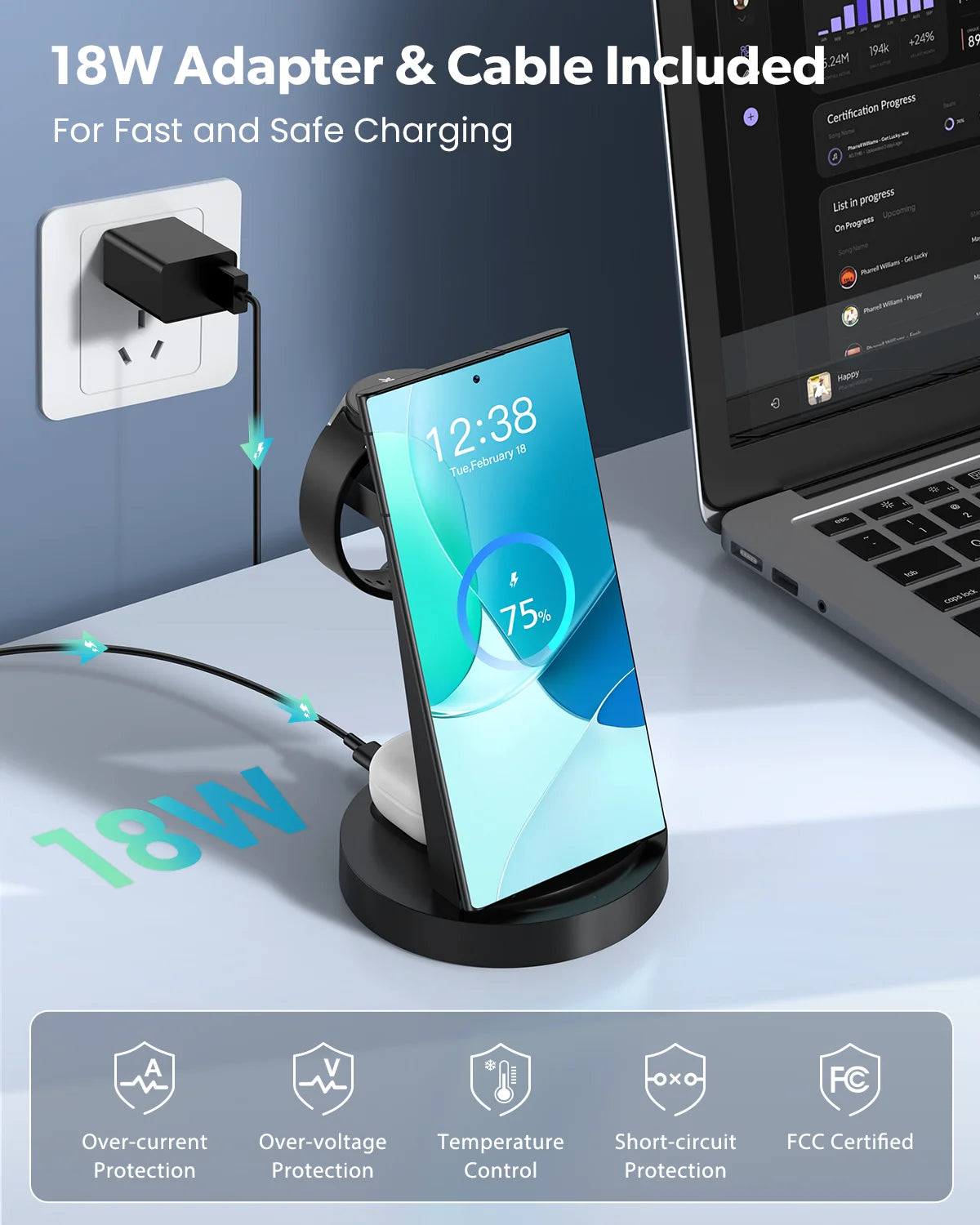 Wireless Charger Compatible with Samsung:  3 in 1 Fast Charging Station for Galaxy, Iwatch Charger for Galaxy Watch 6/5/4, Galaxy Buds 2/Pro/+