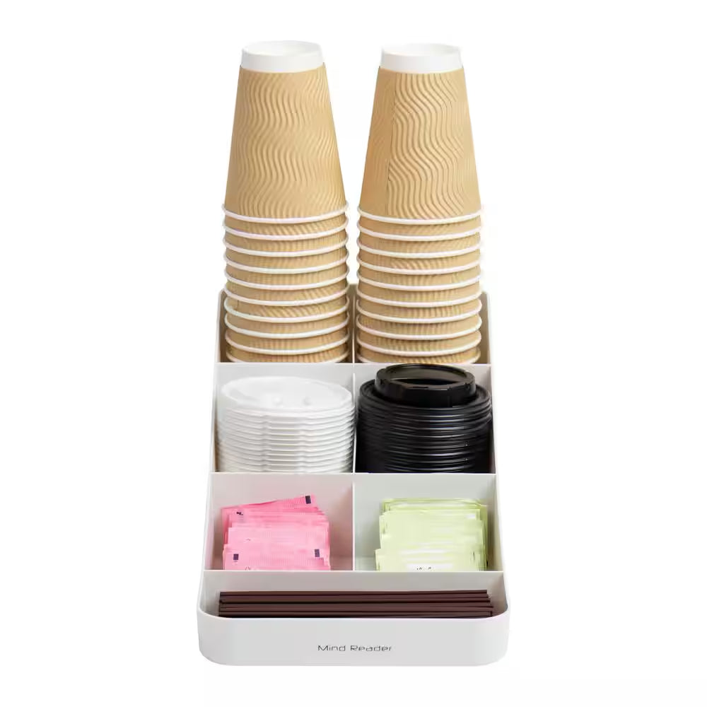 Cup and Condiment Station, Countertop Organizer, Coffee Bar, Stirrers, 7.25 In. L X 15.5 In. W X 5.25 In. H, White