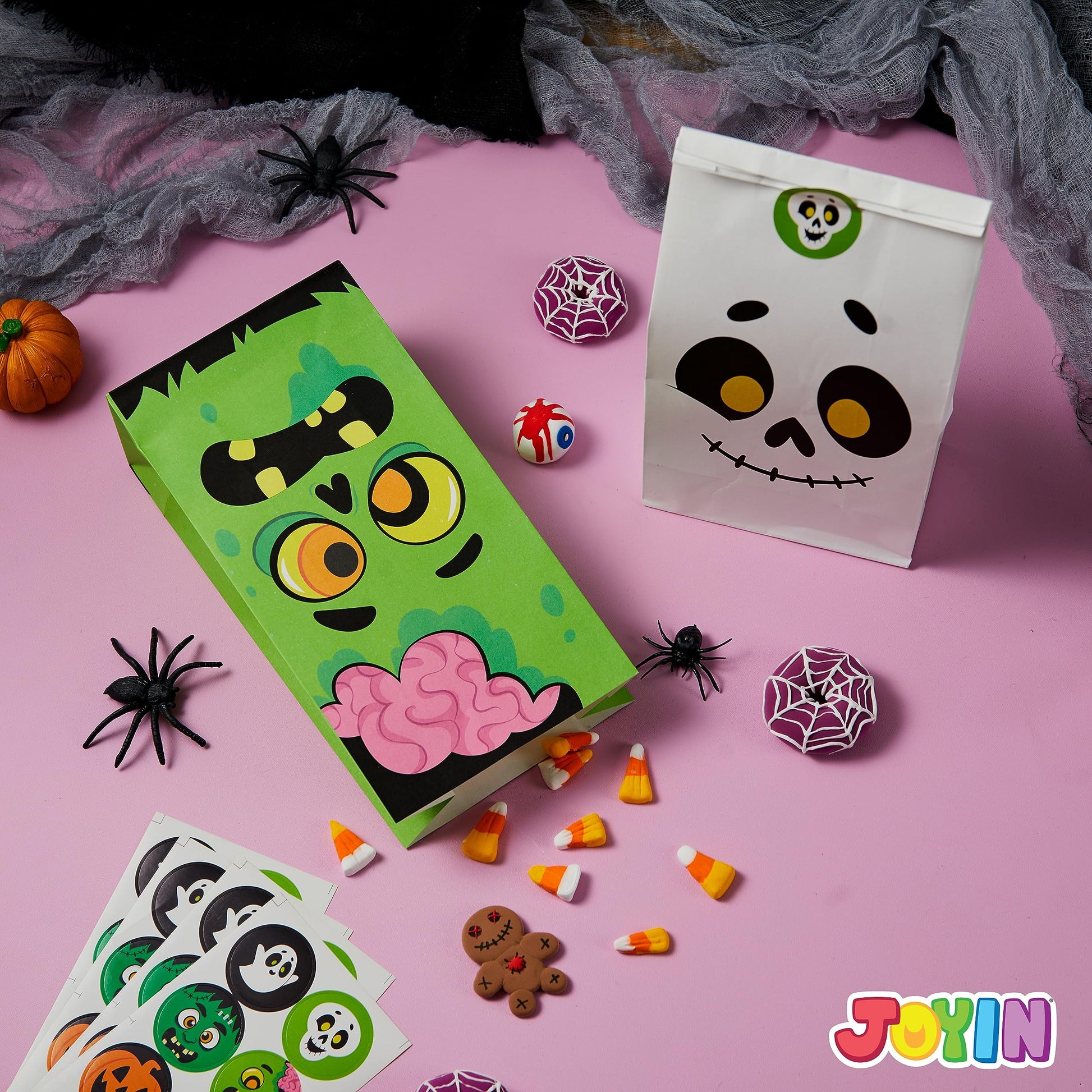 72 Pcs Halloween Treat Bags with Sticker,Goodie Bags Paper Halloween Candy Bags Trick or Treat Creepy Designs Halloween Bags for Kids Trick or Treat,Classroom Goody Bags