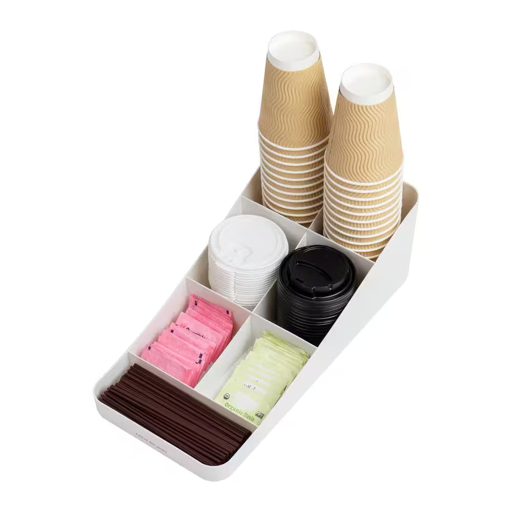 Cup and Condiment Station, Countertop Organizer, Coffee Bar, Stirrers, 7.25 In. L X 15.5 In. W X 5.25 In. H, White