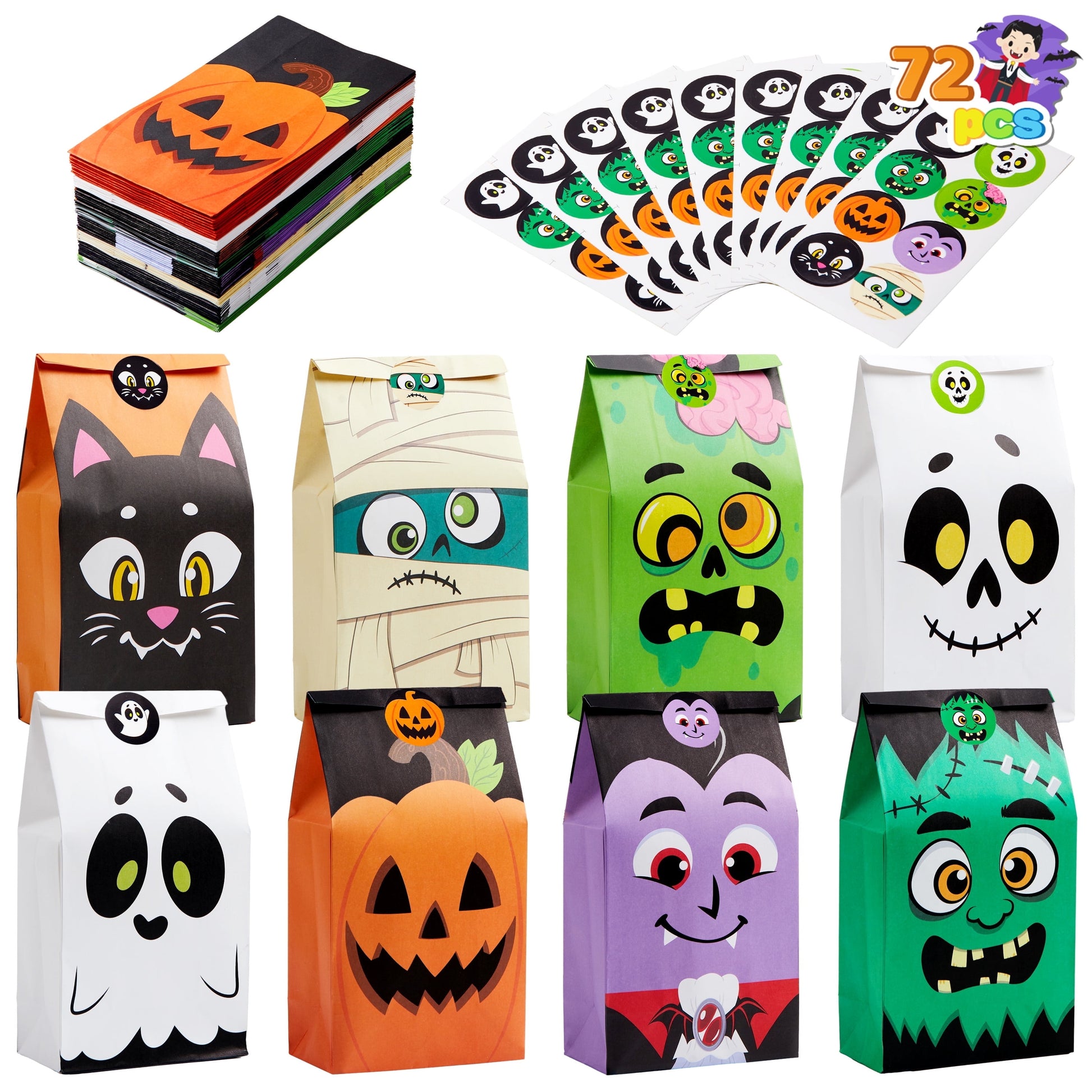 72 Pcs Halloween Treat Bags with Sticker,Goodie Bags Paper Halloween Candy Bags Trick or Treat Creepy Designs Halloween Bags for Kids Trick or Treat,Classroom Goody Bags