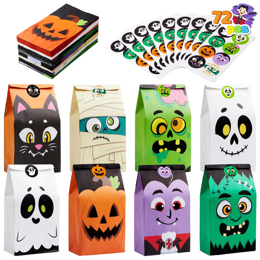 72 Pcs Halloween Treat Bags with Sticker,Goodie Bags Paper Halloween Candy Bags Trick or Treat Creepy Designs Halloween Bags for Kids Trick or Treat,Classroom Goody Bags