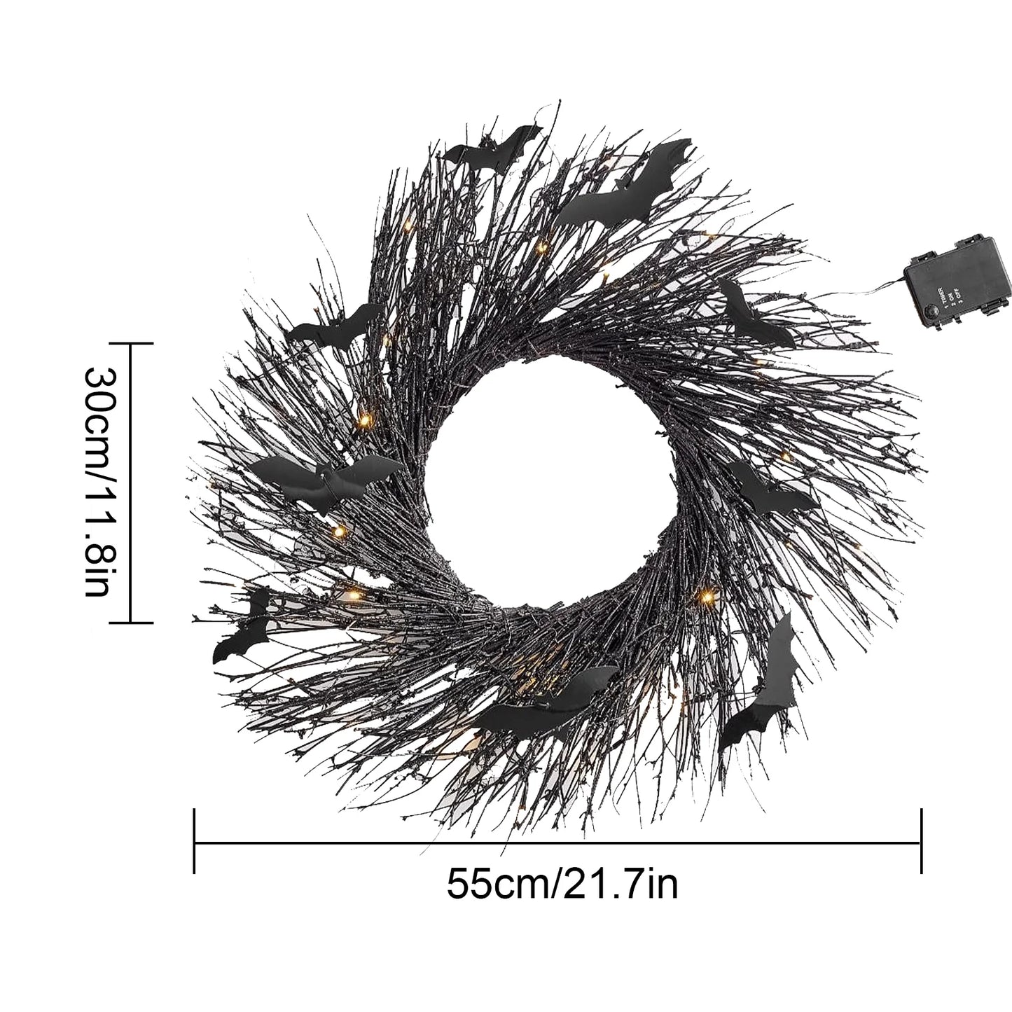 Black Halloween Wreath Bat Wreath Door Wreath with Glitter Bats Halloween Party Decorations