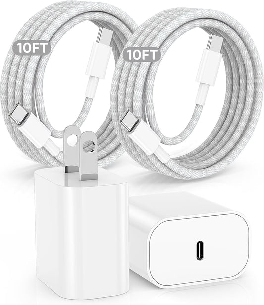I Phone 17 16 15 USB C Charger,2Pack 20W Fast Charging Block and 10FT Type C to C Cable Cord Long Compatible with Iphone 17/16/15 Plus/15 Pro Max,Wall Plug Power Adapter Cube Brick Case