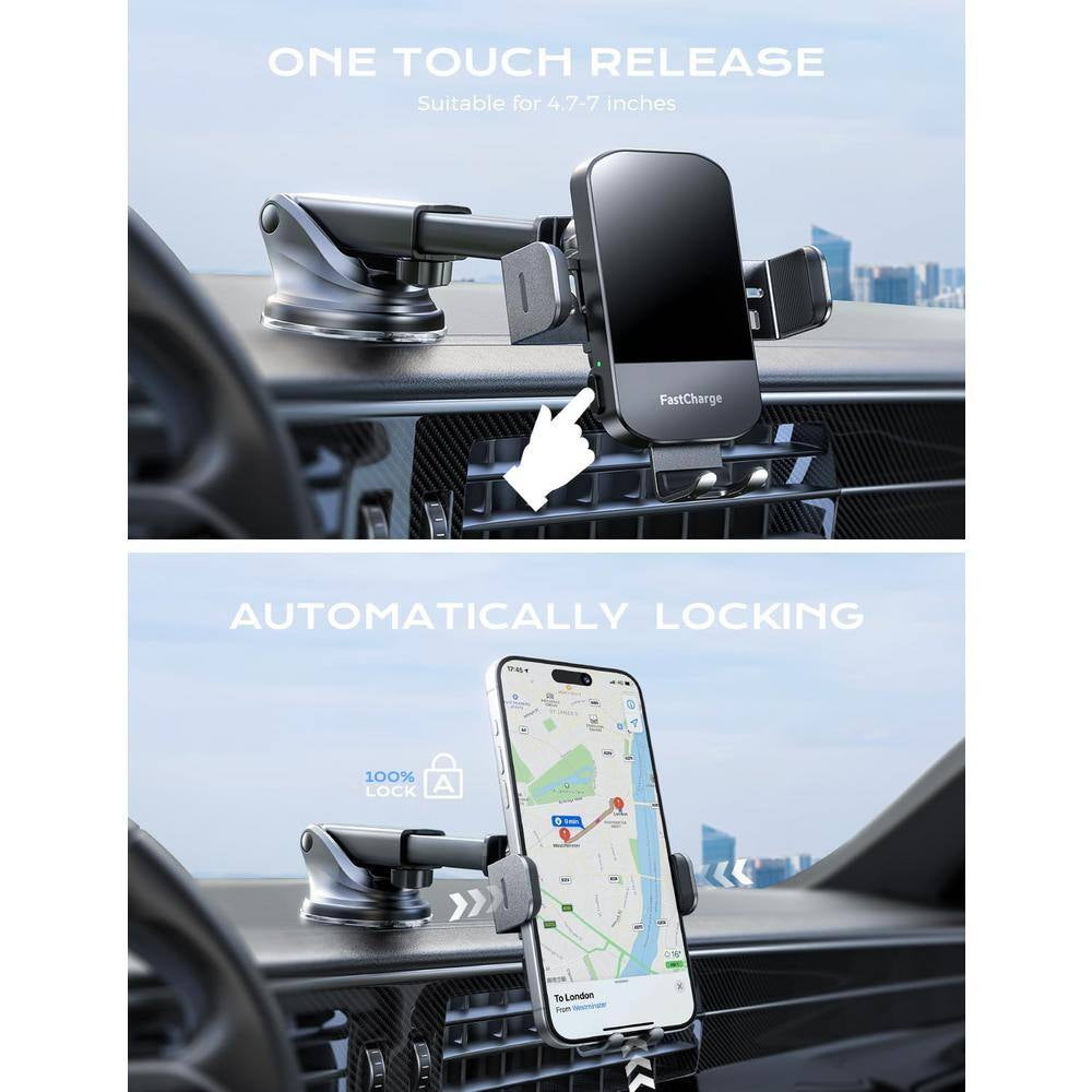 Wireless Car Charger with Auto Clamping Car Charger in Black