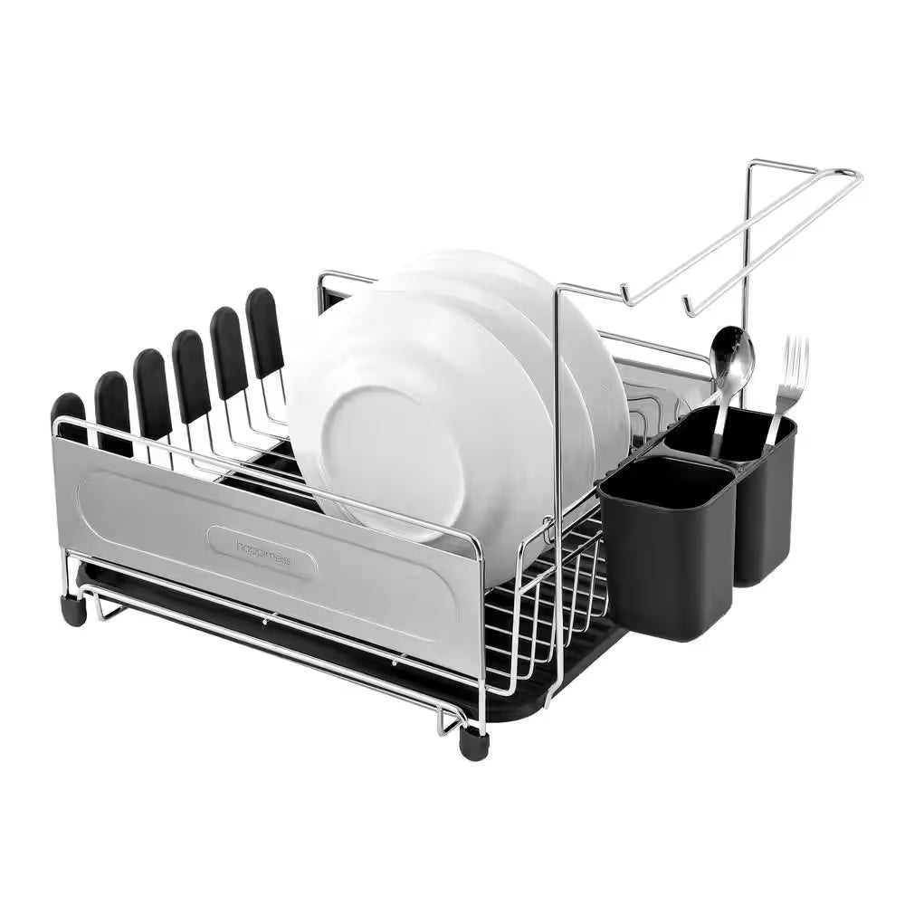 Compact 17.25 In. Stainless Steel Black Fingerprint-Proof Stainless Steel Dish Rack with Wine Glass Holder