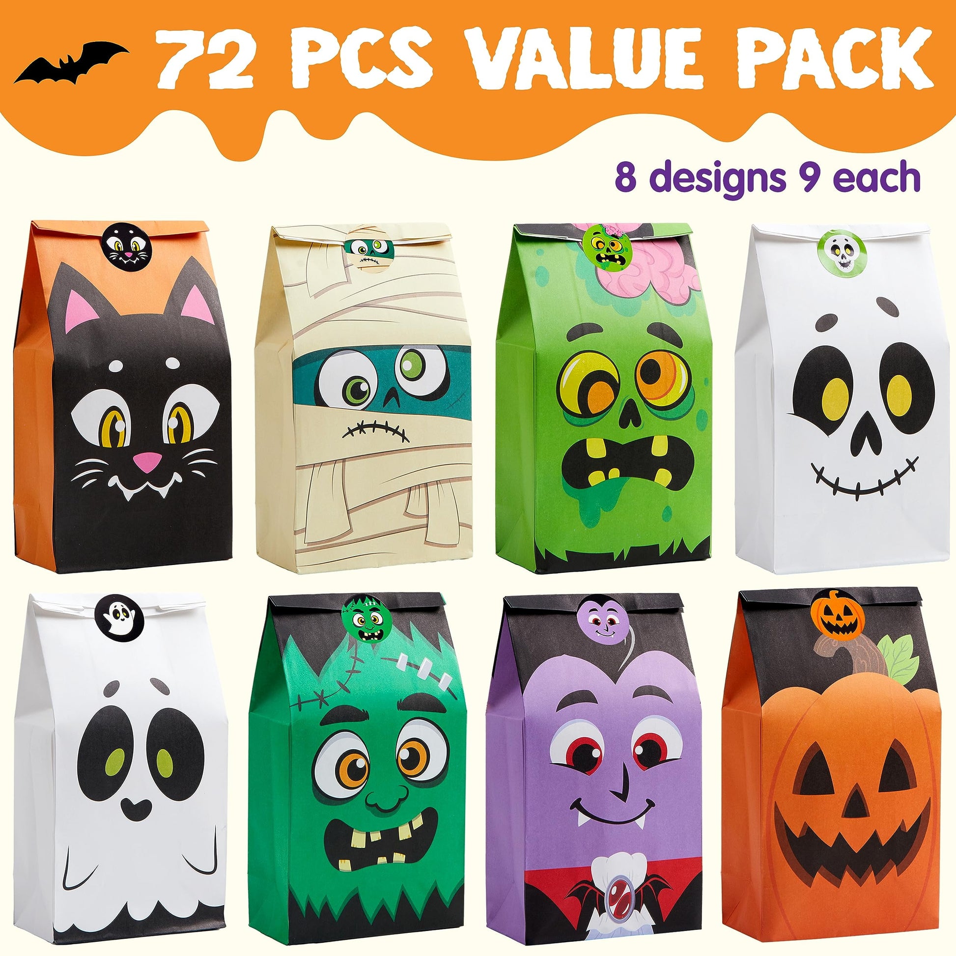 72 Pcs Halloween Treat Bags with Sticker,Goodie Bags Paper Halloween Candy Bags Trick or Treat Creepy Designs Halloween Bags for Kids Trick or Treat,Classroom Goody Bags