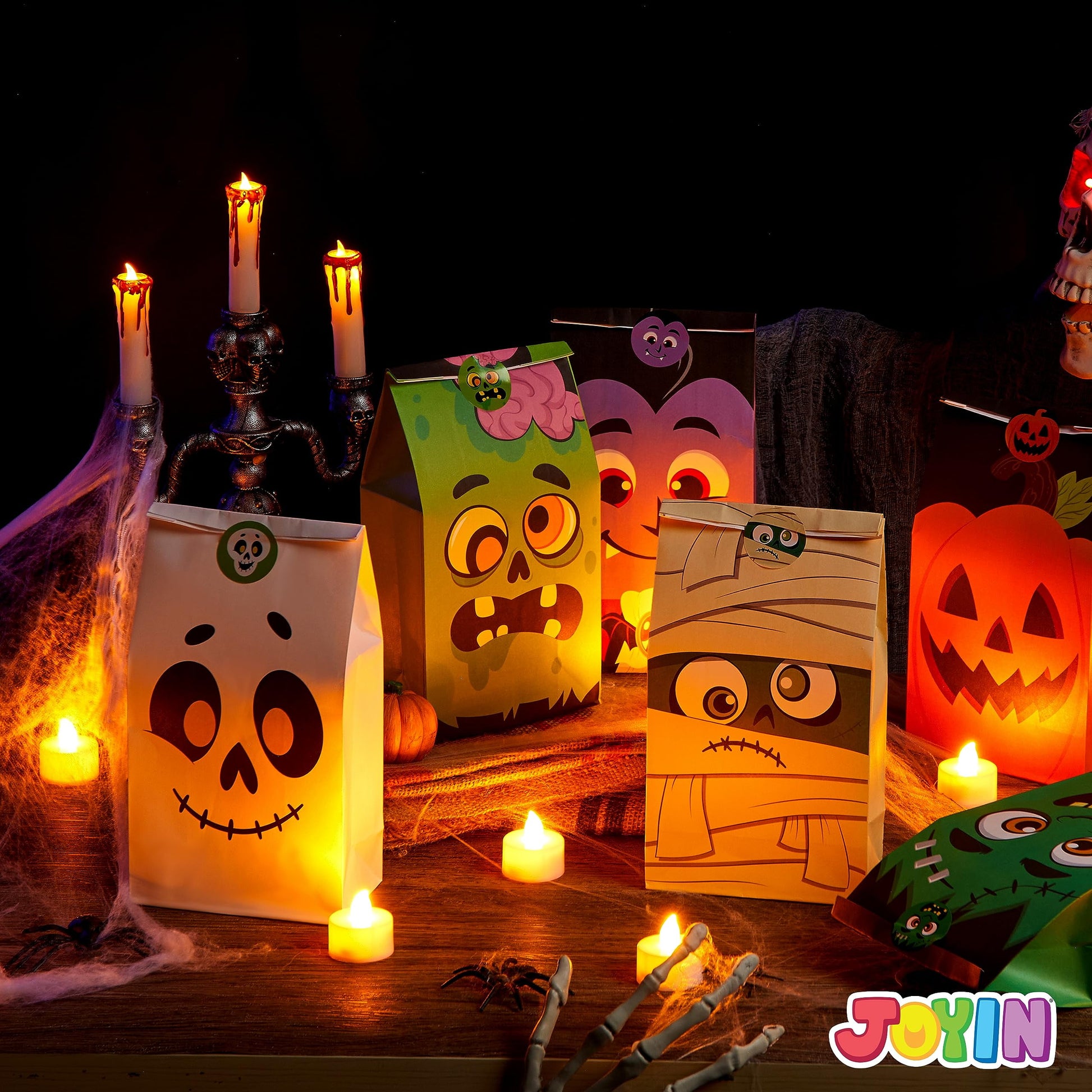 72 Pcs Halloween Treat Bags with Sticker,Goodie Bags Paper Halloween Candy Bags Trick or Treat Creepy Designs Halloween Bags for Kids Trick or Treat,Classroom Goody Bags