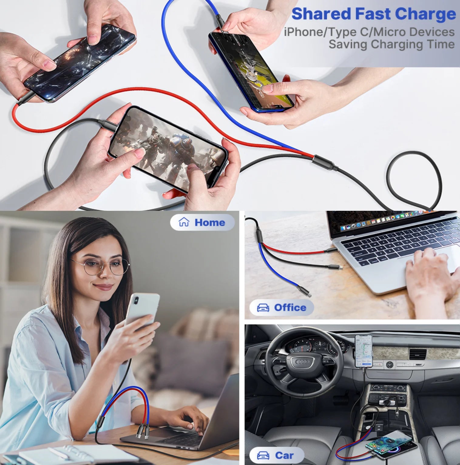 2 Pack Multi Charging Cable, 3 in 1 Multi Phone Charger Cable Fast Charging Cord with USB C, Micro USB Cable Compatible with Iphone/Ipad/Samsung/Android Phone, Black