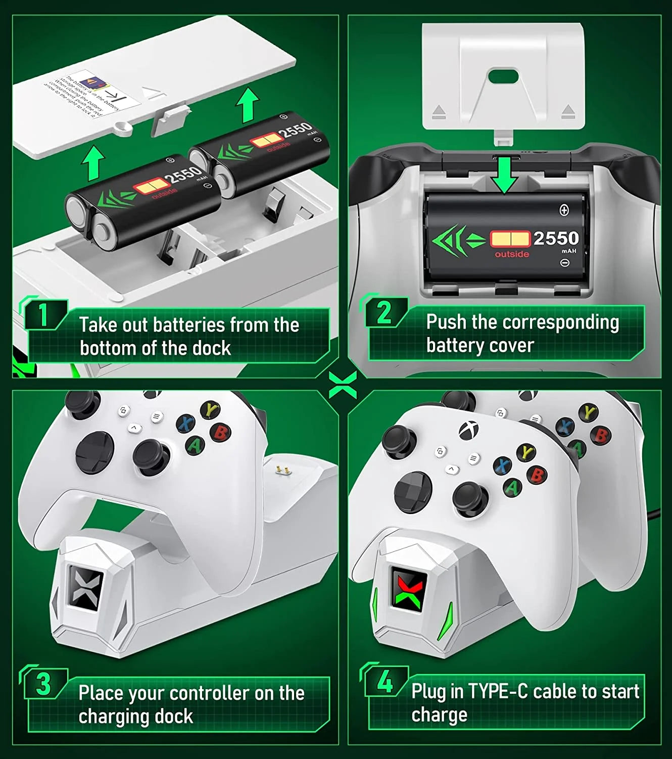 Xbox Controller Charger Station, Charging Dock with 2 X5520Mwh (2550Mah)Rechargeable Battery Pack for Xbox Series S/Xbox One X/One S/Xbox Elite/ Xbox Series X Controller,White