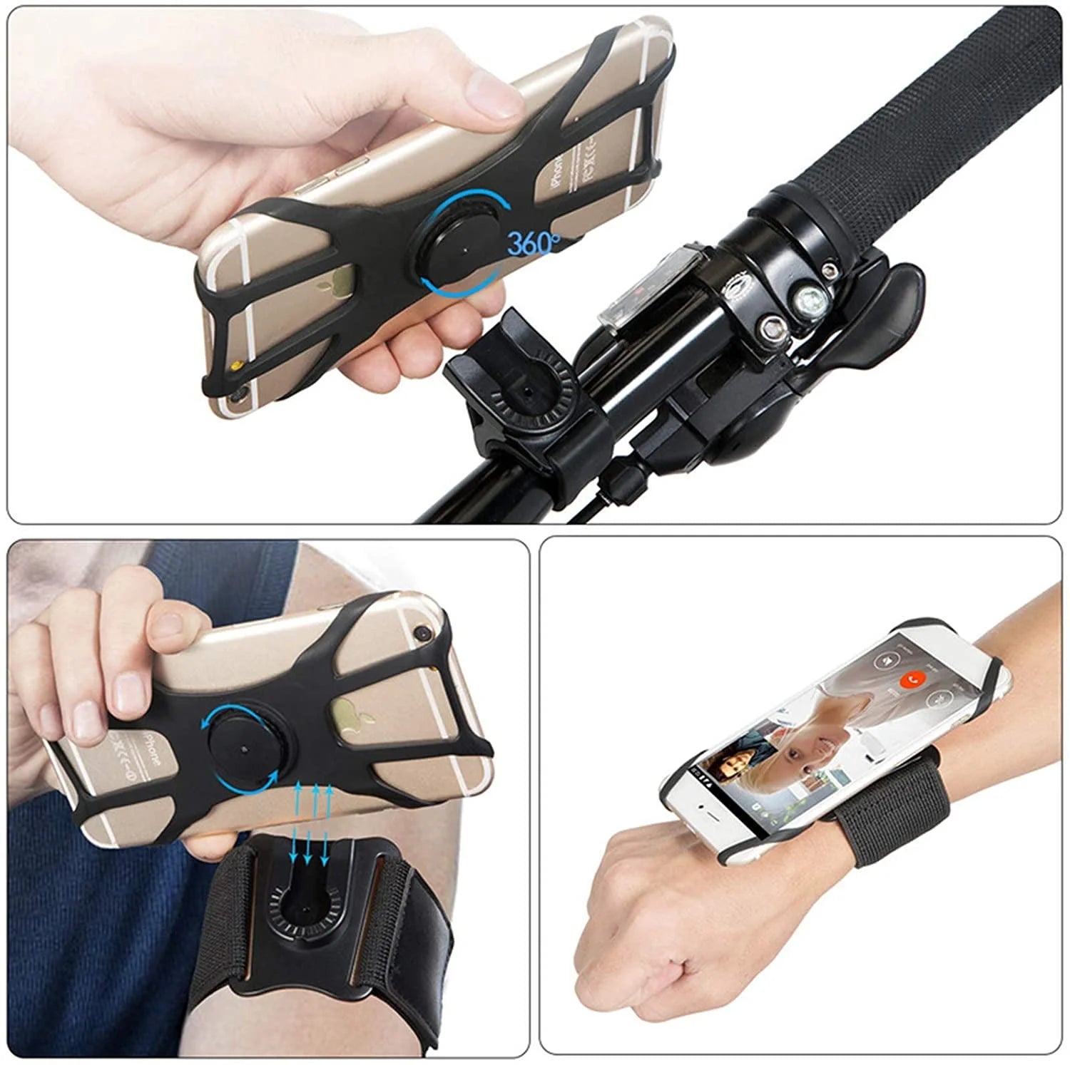 3 in 1 Running Phone Armband, 360Rotatable Bike Phone Holder, with Rugged Case, Black