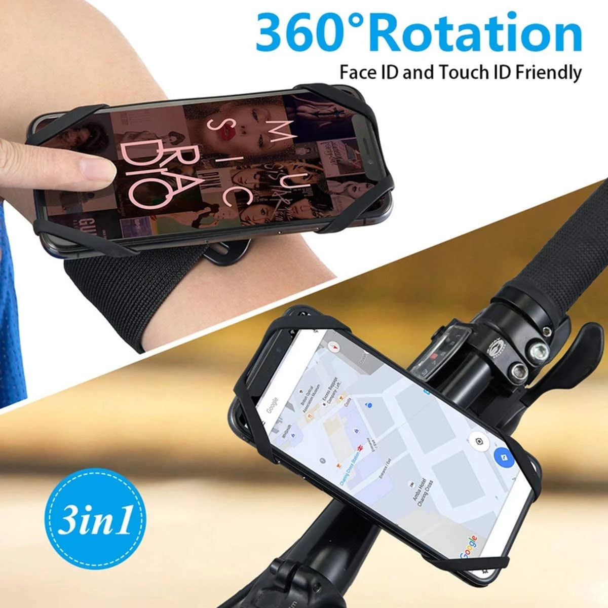 3 in 1 Running Phone Armband, 360Rotatable Bike Phone Holder, with Rugged Case, Black
